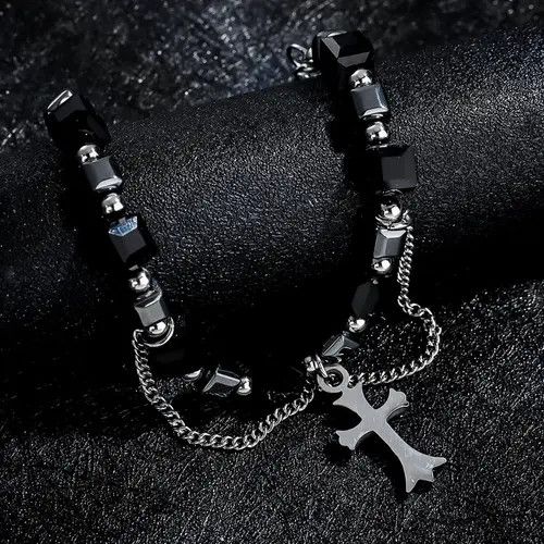 Jewelry Black Beaded Cross Charm Men's Bracelet Size ONE SIZE - 8 Thumbnail