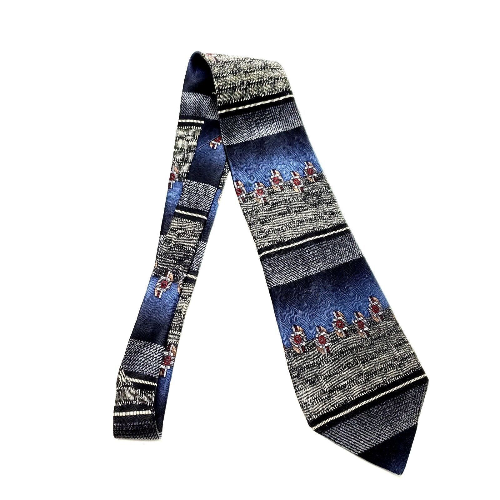 Designer Chez Roffe Silk Tie Print Gray Blue Wide Size ONE SIZE - 6 Thumbnail