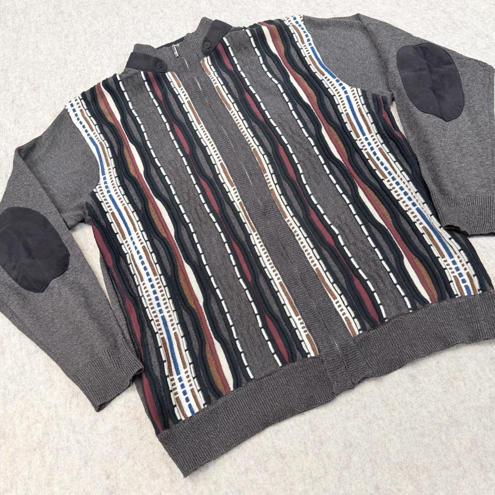 Vintage Montique Sweater Mens Large Gray Full Zip Mock Neck 3D Knit Elbow Patch Striped Knit Size US L / EU 52-54 / 3 - 2 Thumbnail