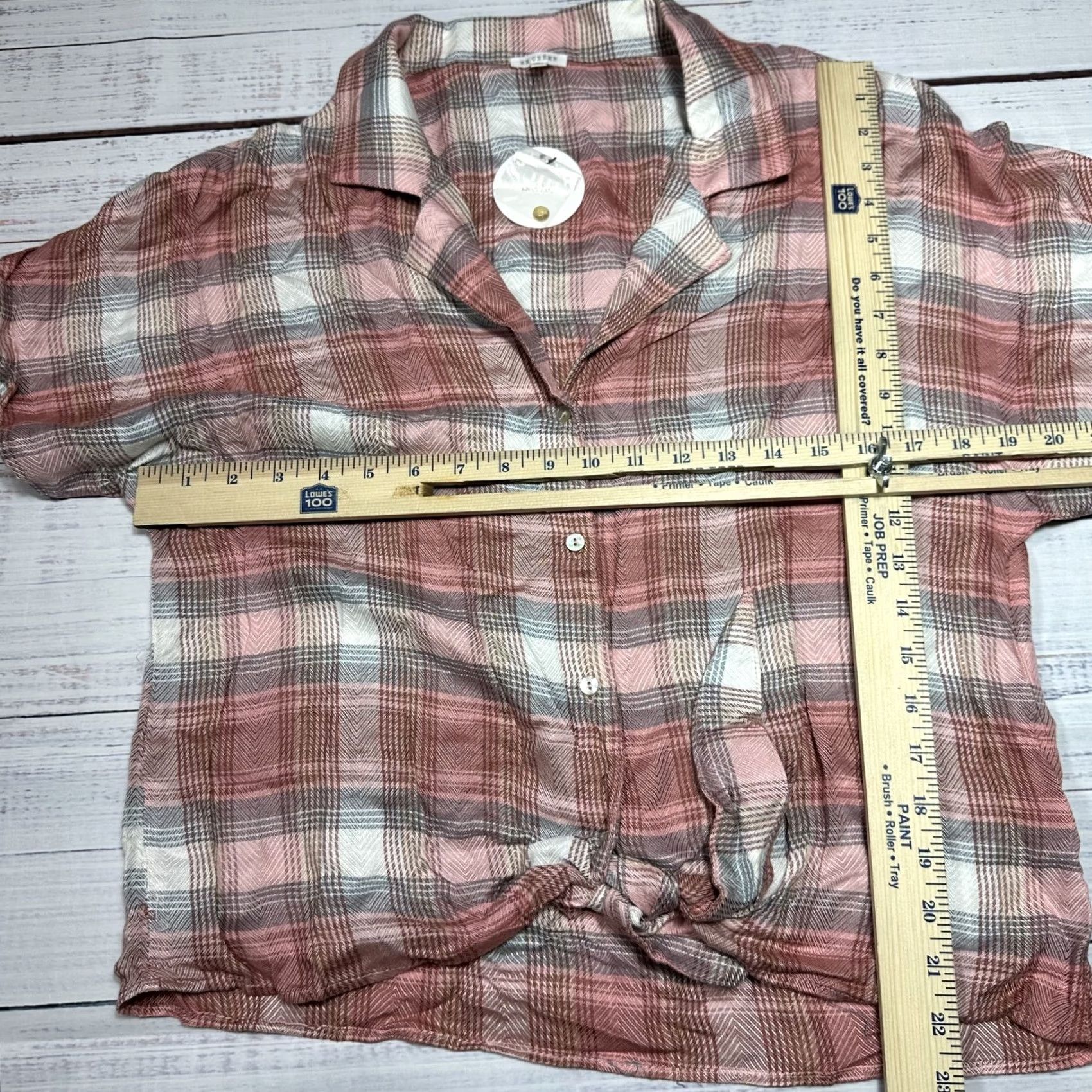 Vintage En Creme Pink Gray Plaid Cropped Shirt Knot Tie Front Short Sleeve Rayon M NWT Womens Shirt Size M / US 6-8 / IT 42-44 - 2 Thumbnail