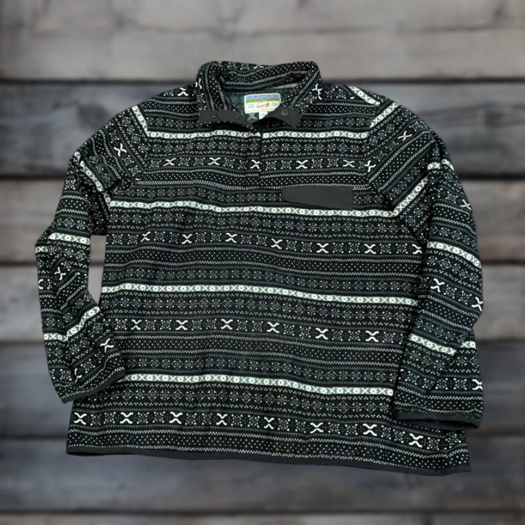 Vintage Ski Lodge Style Jacket Women's XL Black 1/4 Snap Fleece Pullover Tribal Motif Size XL / US 12-14 / IT 48-50 - 1 Thumbnail