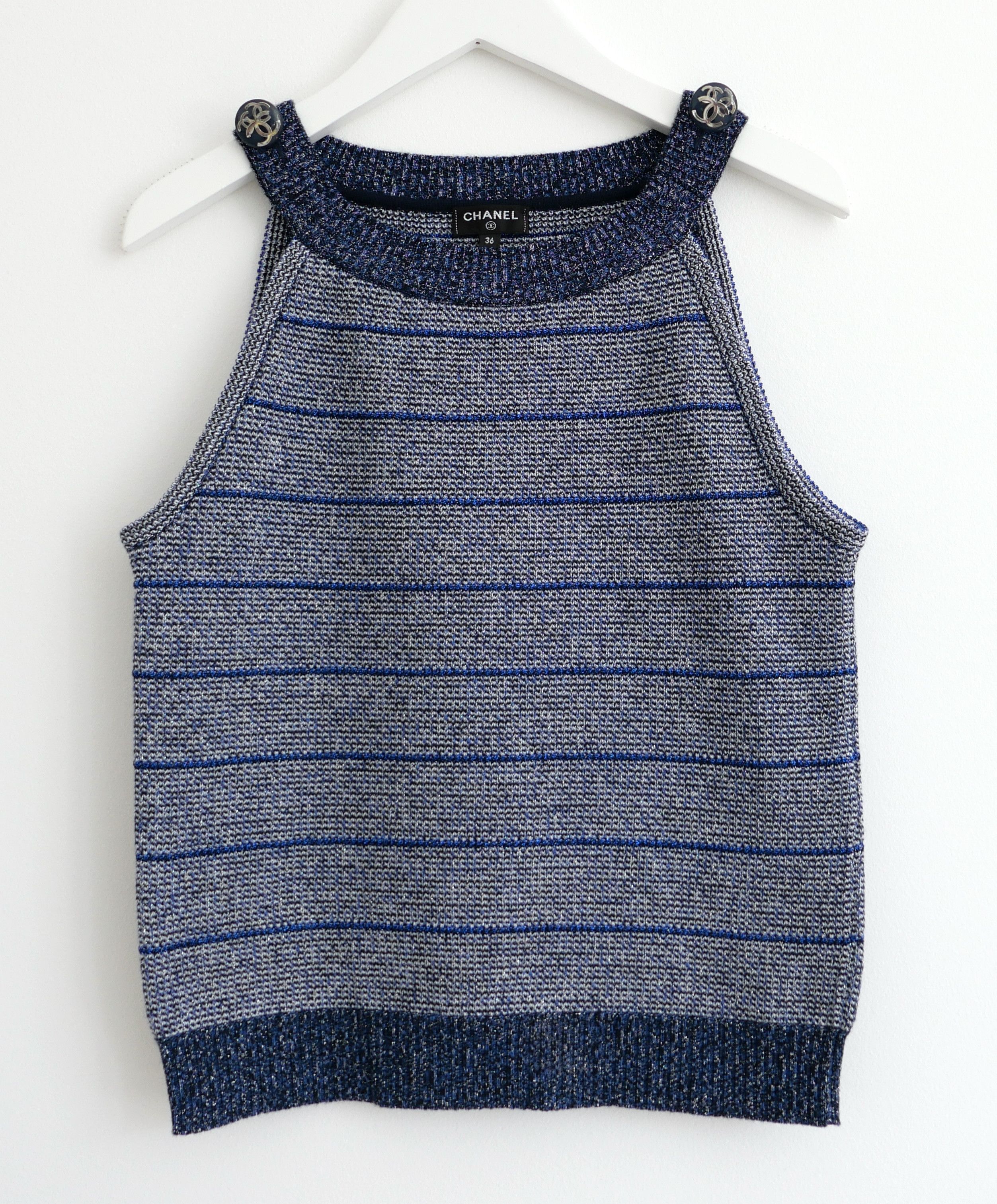 Chanel Chanel Spring 2017 Navy & Silver Striped CC Button Knit Top Size XS / US 0-2 / IT 36-38 - 2 Thumbnail