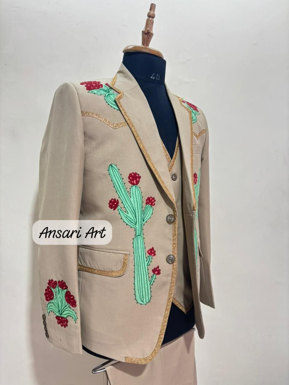 Other Men 3Pc Customized Cactus Embroidery Cocktail Prom Groom Set Size 42L - 3 Thumbnail