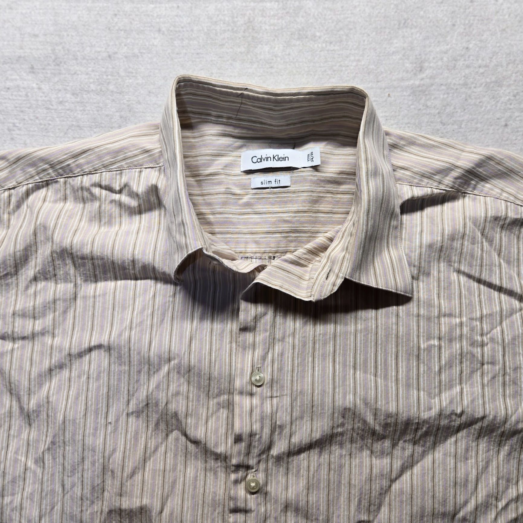 Calvin Klein Calvin Klein CK Slim Fit Button-Up Long Sleeve Dress Shirt Adult Men's Size 17.5 Beige Cotton Buttons-Down Slimming Shirt Mens Size 46R - 2 Thumbnail
