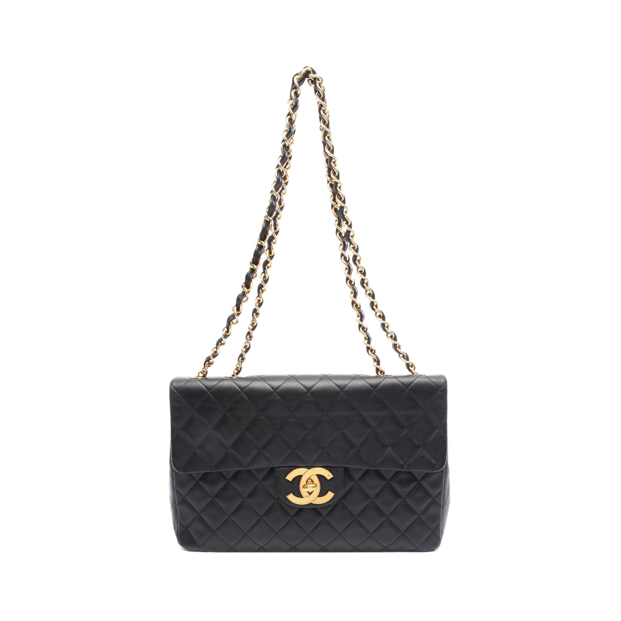 Chanel Decamatlassé 34 Single Flap Double Chain Shoulder Bag Lambskin Black Gold Hardware, Women's