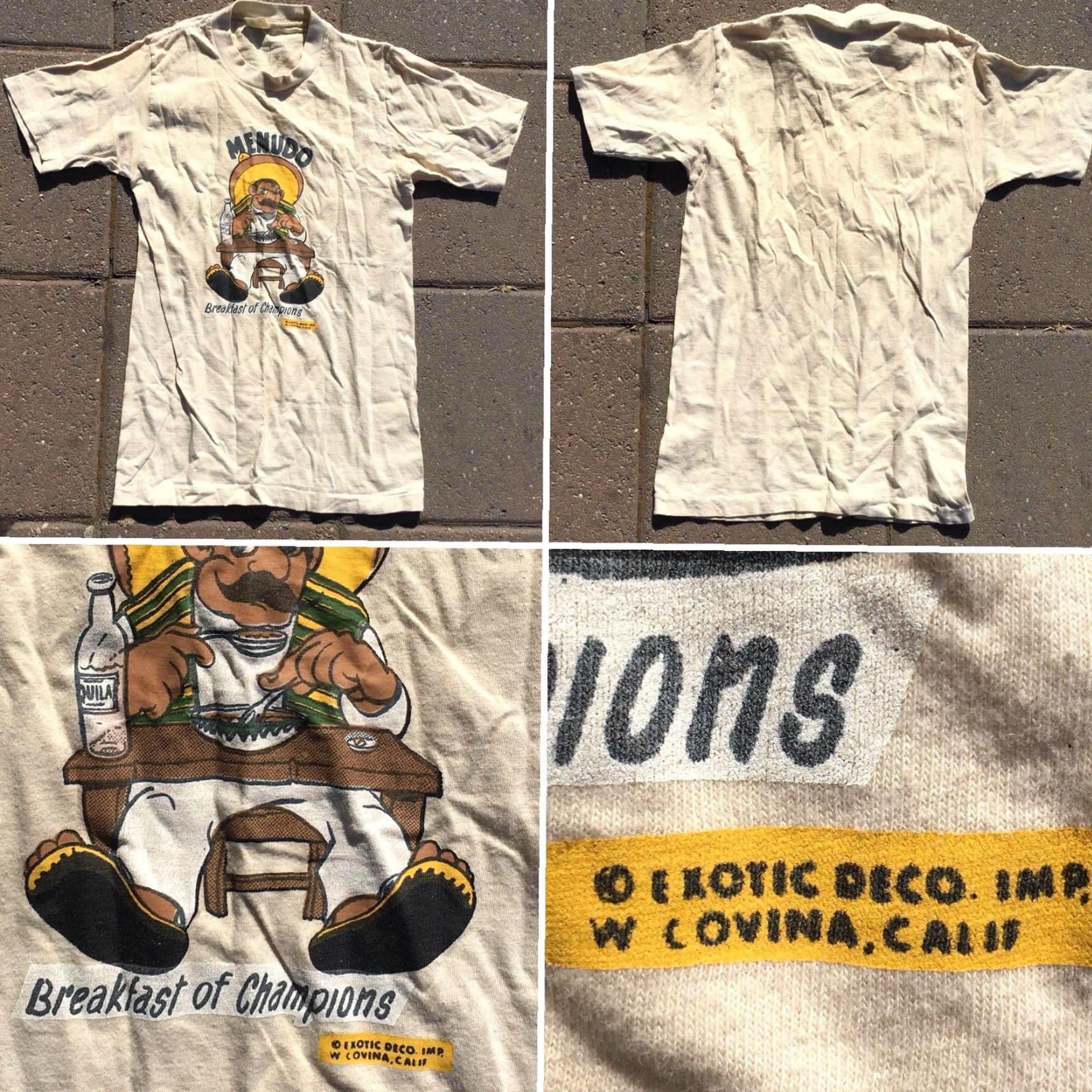 Champion VINTAGE Belton Menudo Breakfast of Champions T-Shirt S Short Sleeve Beige 1970s Mens Graphic Tee USA Size US S / EU 44-46 / 1 - 3 Thumbnail