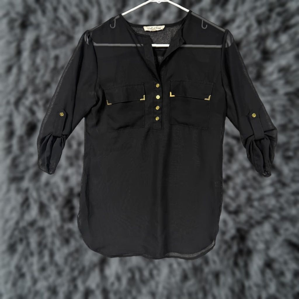 Vintage Wishful Park Blouse Tunic Womens S Black Sheer Chiffon Henley Roll Tab Sleeve 3/4 Casual Boho Gothic Flowy Size S / US 4 / IT 40 - 1 Thumbnail