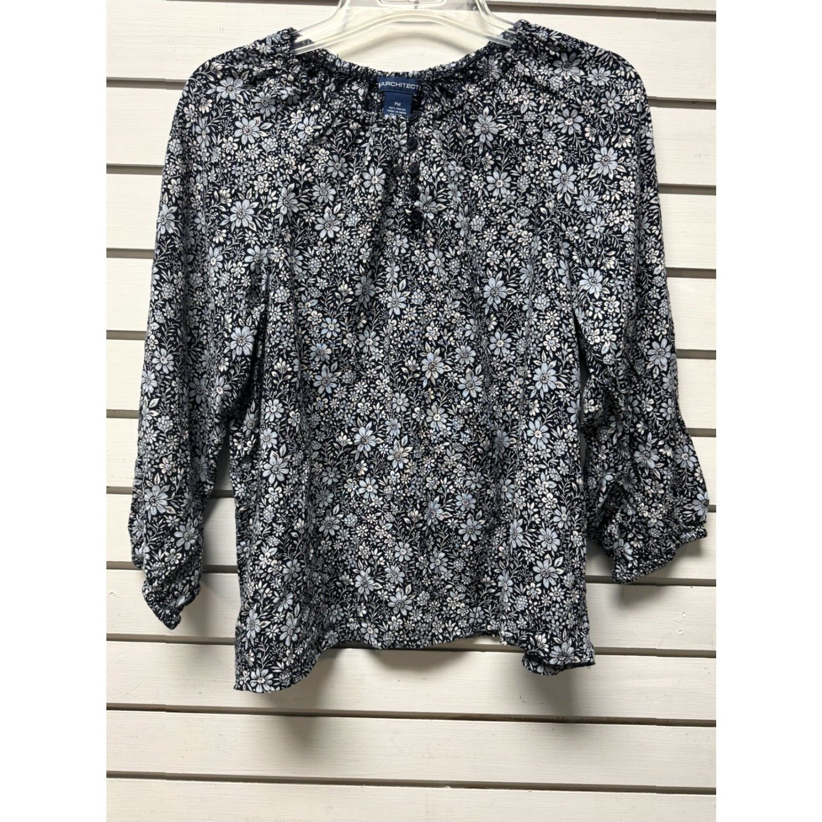 Architect Architect Blouse Womens Petite Medium Floral Black Rayon Grunge Whimsigoth Y2K/Pullover, Casual Travel, Lightweight, Flower, 2000s, Petites, Basic Size M / US 6-8 / IT 42-44 - 2 Thumbnail