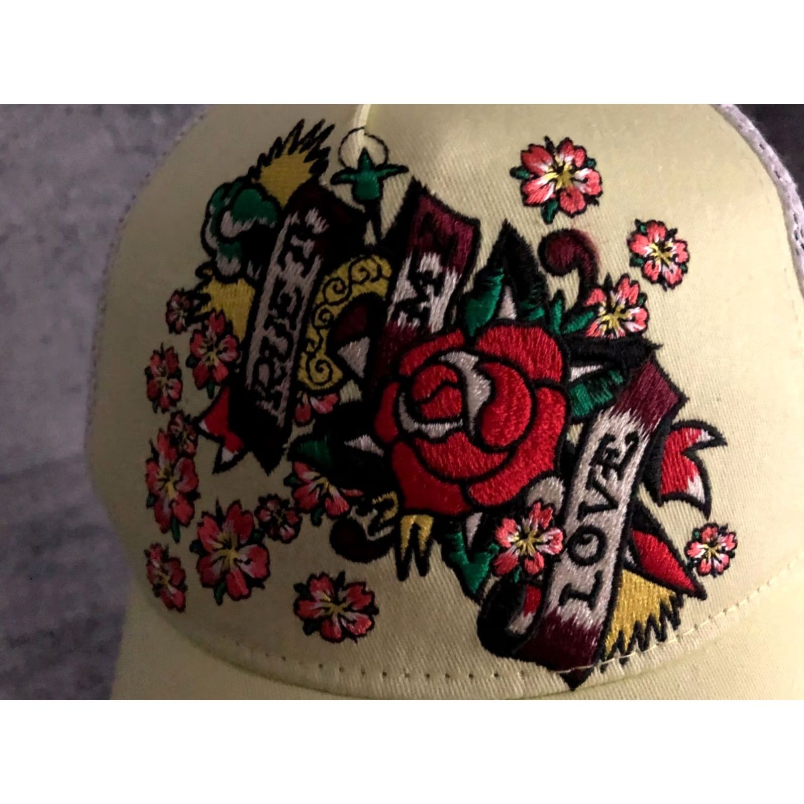 Ed Hardy Ed Hardy Men's Trucker Cap Yellow Cotton Adjustable Embroidered Floral Love Hat OSFA Size ONE SIZE - 7 Thumbnail