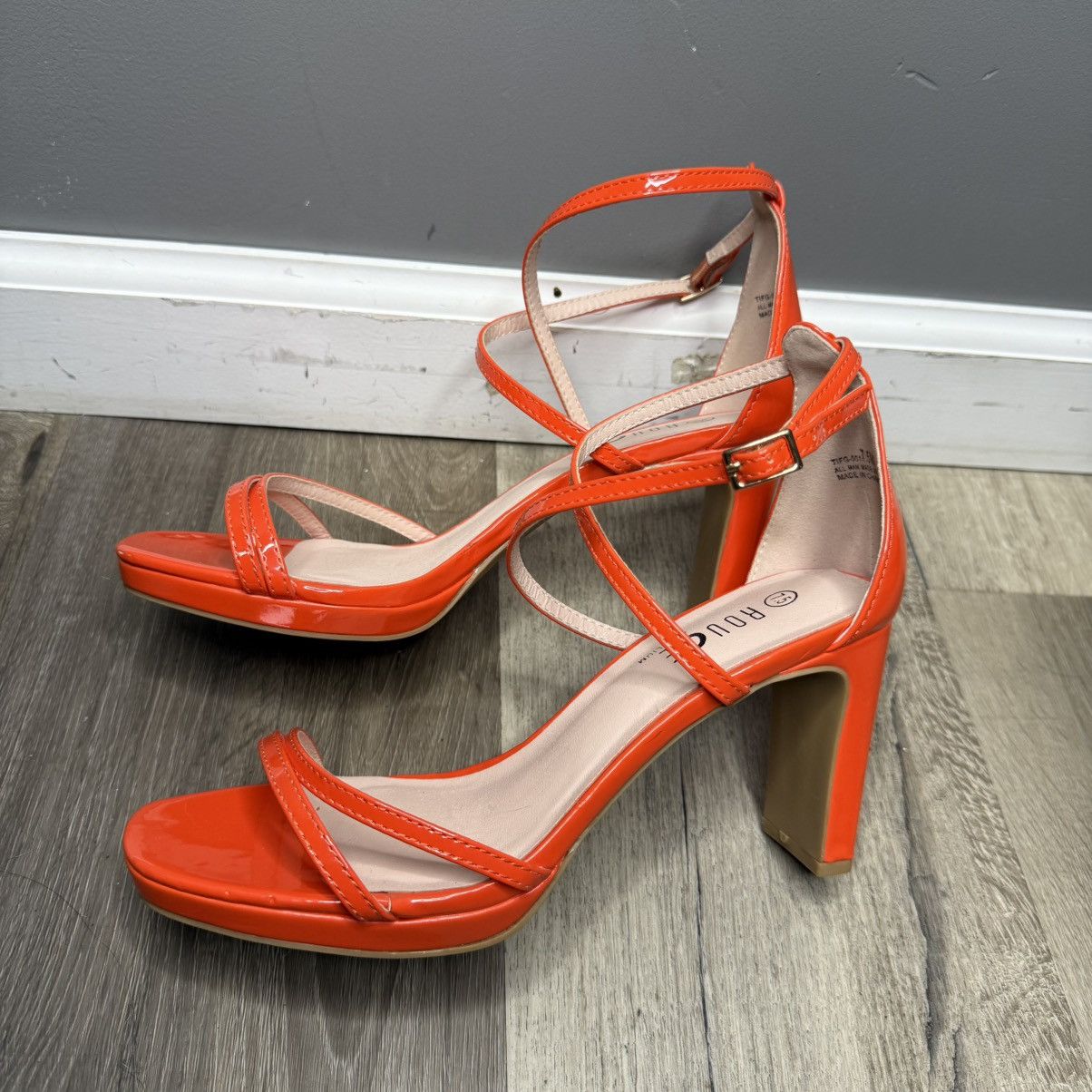 Rogue Rouge! Bright Orange Patent Strappy Ankle-Wrap Heels Size US 7.5 / IT 37.5 - 3 Thumbnail