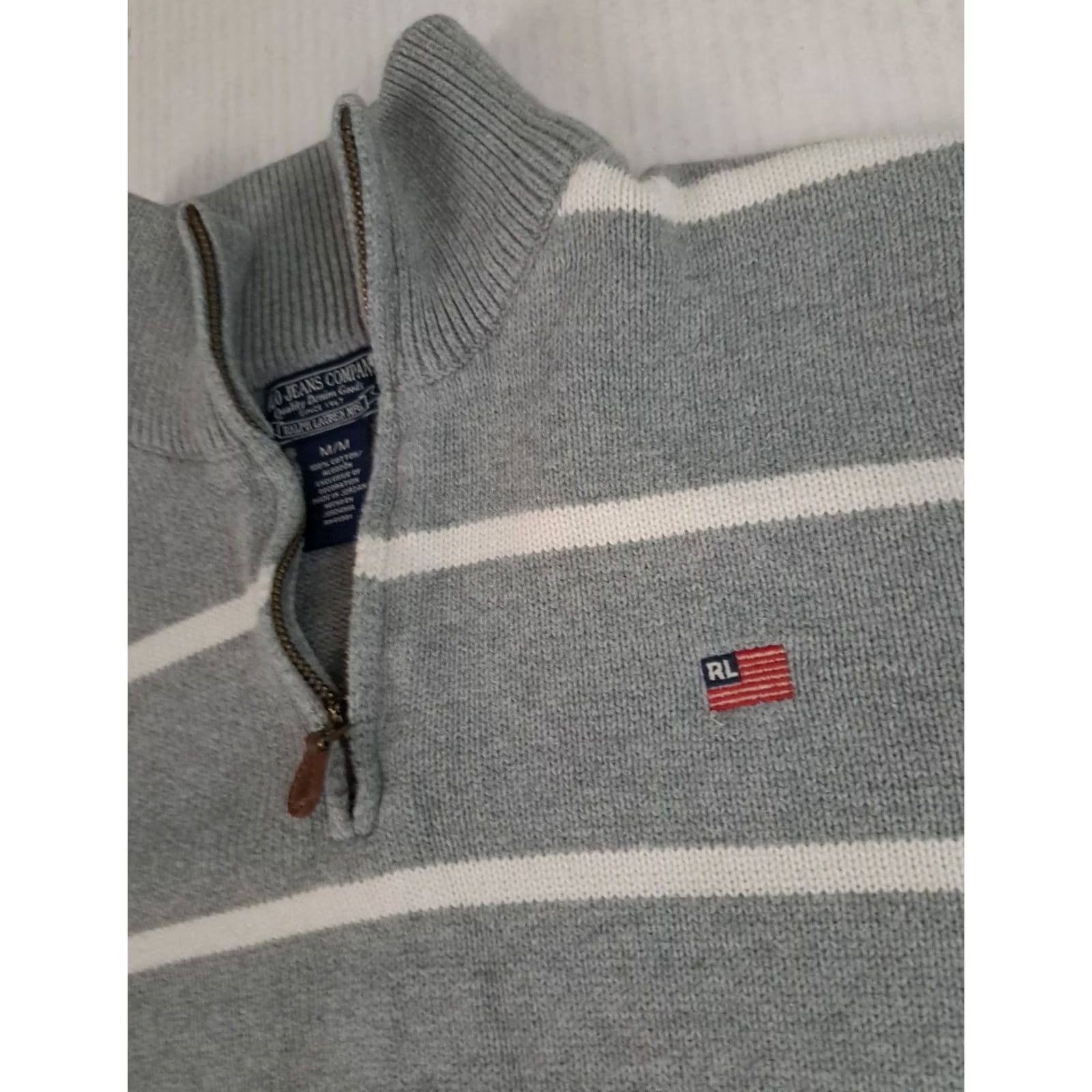 Ralph Lauren VINTAGE Ralph Lauren Jeans Company 1/4 Zip Polo Sweater Grey Striped Knit Long Sleeve Mens M Regular Pullover Size US M / EU 48-50 / 2 - 4 Thumbnail