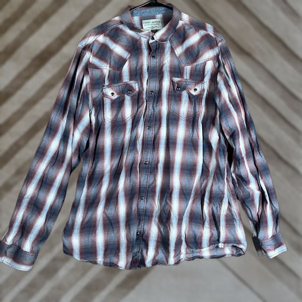 Cody James Cody James Mens Shirt Western Plaid Navy Red 3XLT Pearl Snap Button-Up Collared Long Sleeve 3XLT Casual Workwear Big & Tall Size US XXL / EU 58 / 5 - 1 Thumbnail