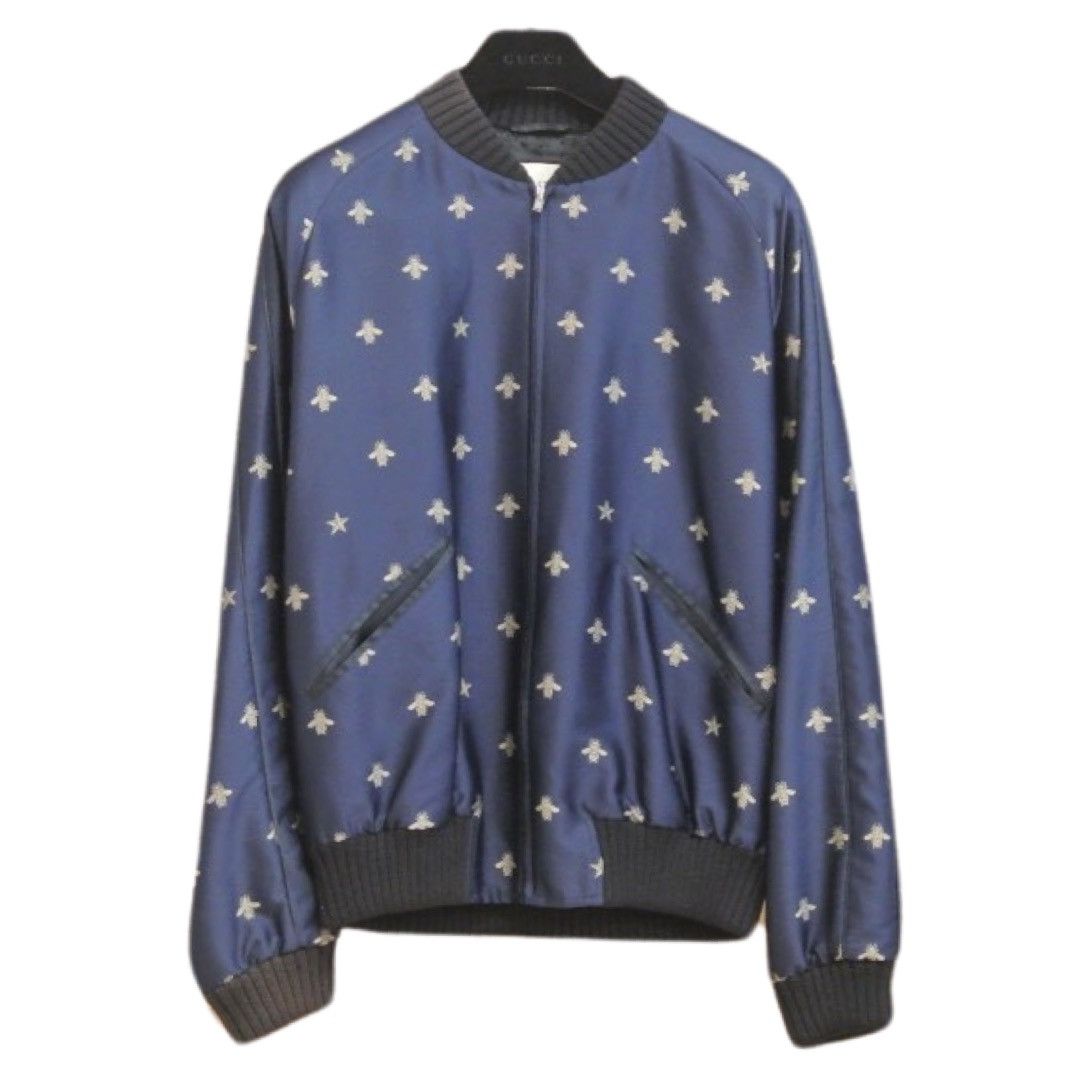 image of Gucci Bees & Stars Navy Jacquard Bomber Jacket in Blue, Men's (Size Medium)
