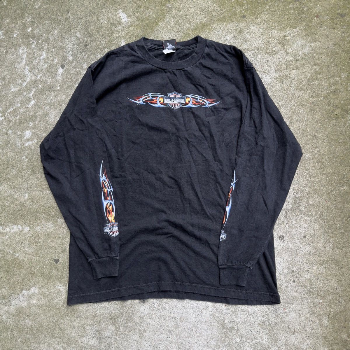 VINTAGE HARLEY DAVIDSON BLUE FLAME LOGO LONGSLEEVE TEE XL - Tops 
