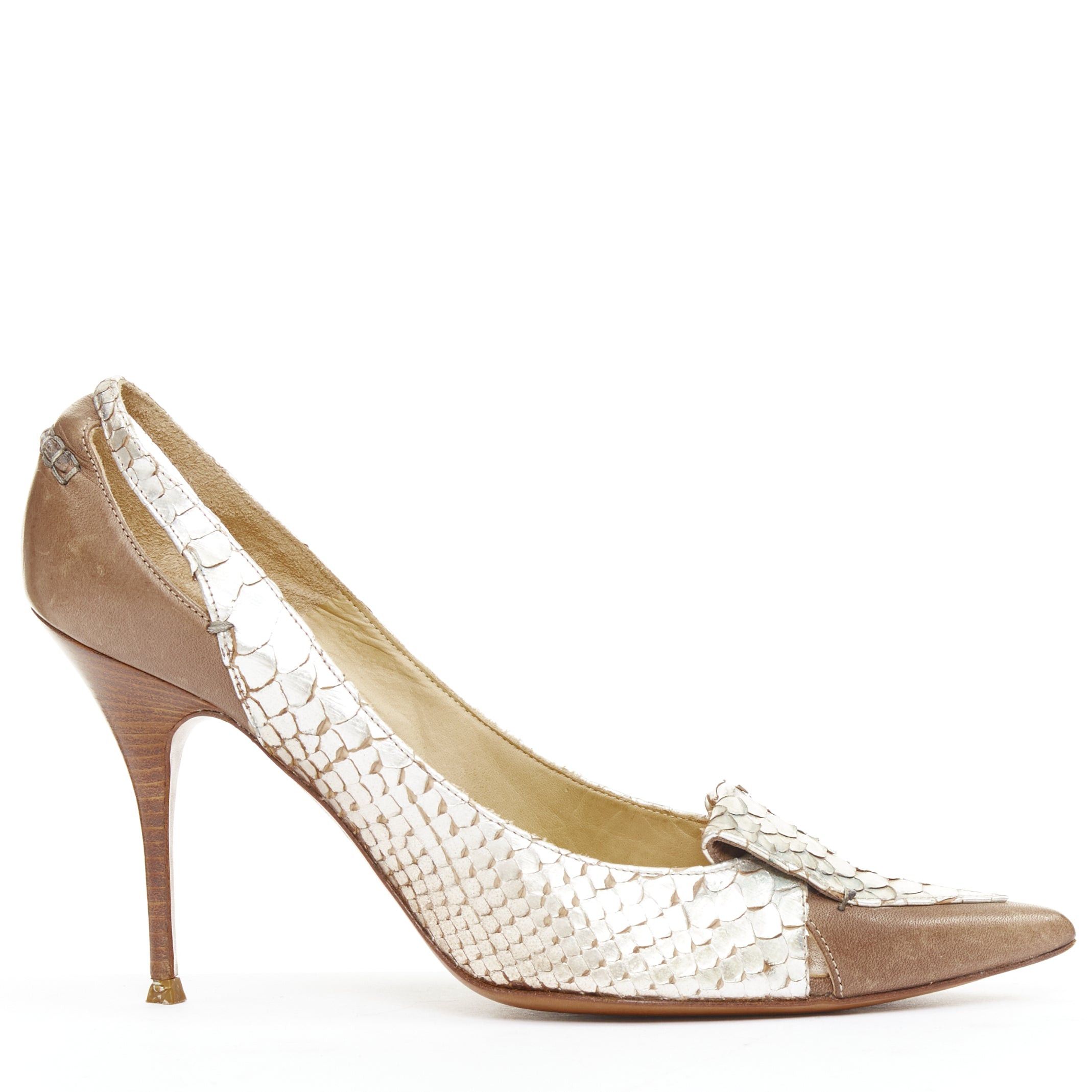Chloe CHLOE Vintage silver metallic scaled leather brown trim pointy pumps EU37.5 Size US 7.5 / IT 37.5 - 1 Thumbnail