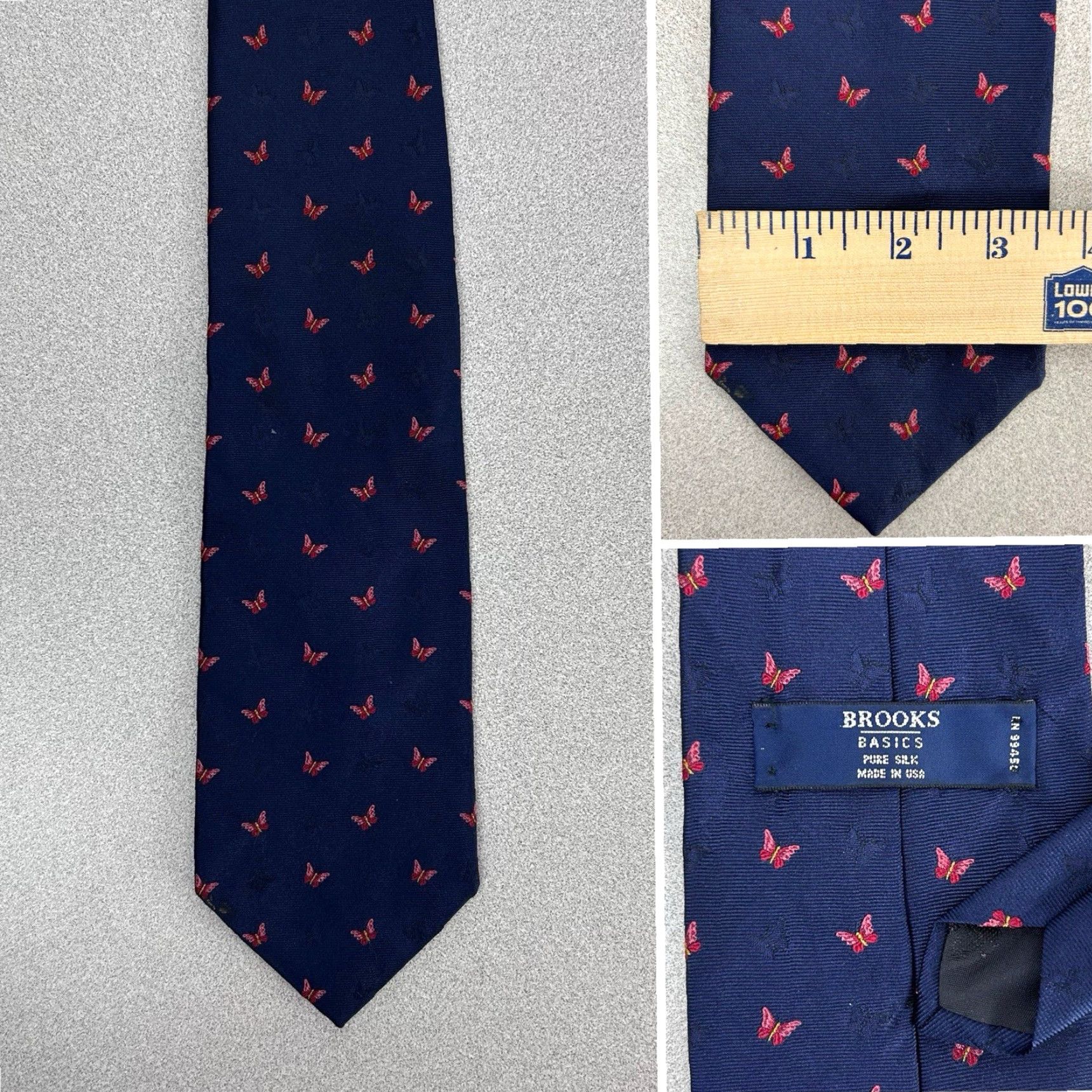 Brooks Brooks Silk Neck Tie Blue Red Butterflies Butterfly Pattern 100% Silk Made In USA Men TIE Size ONE SIZE - 2 Thumbnail