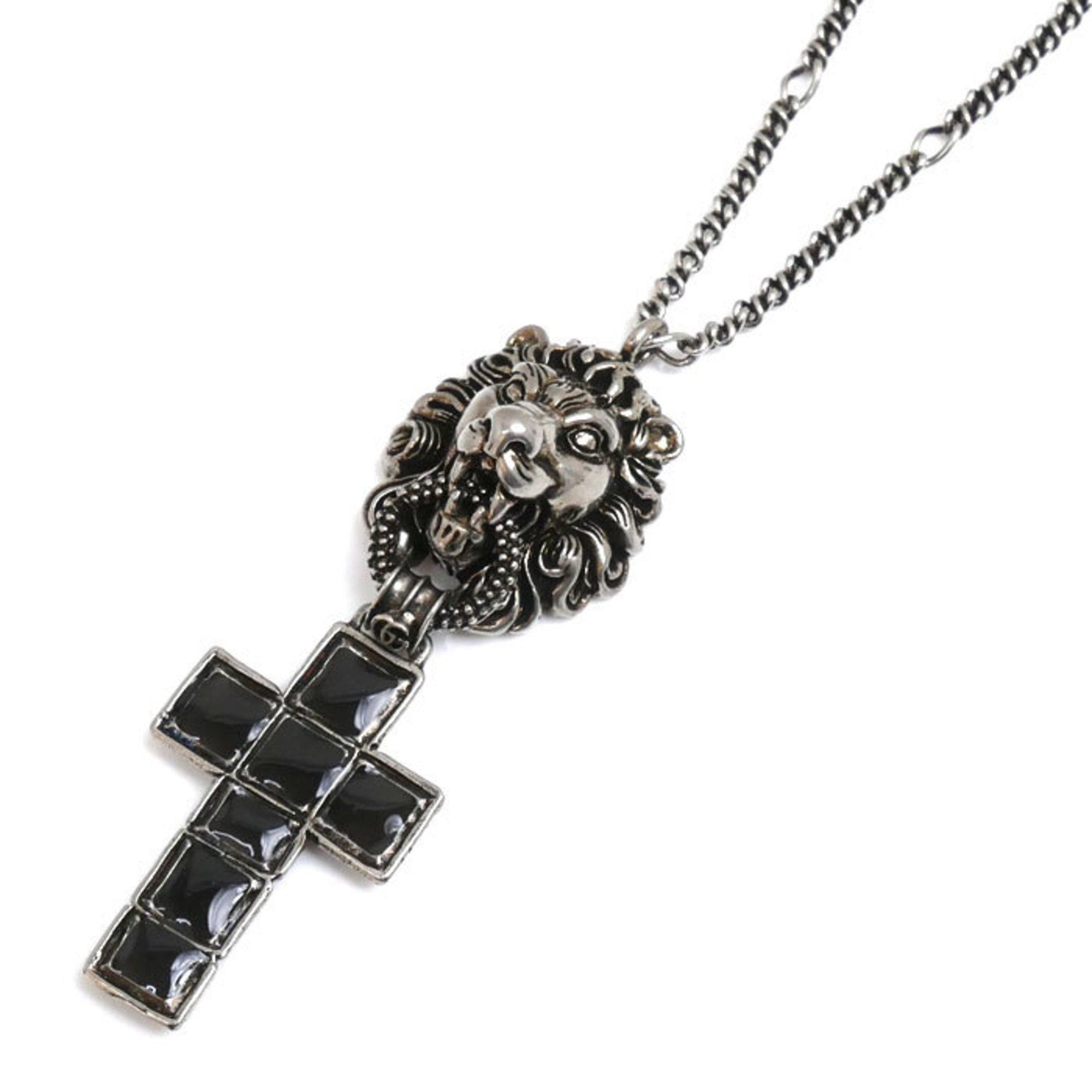 image of Gucci Metal Lion Head Cross Pendant Necklace 36.6G 60Cm Men's in Black