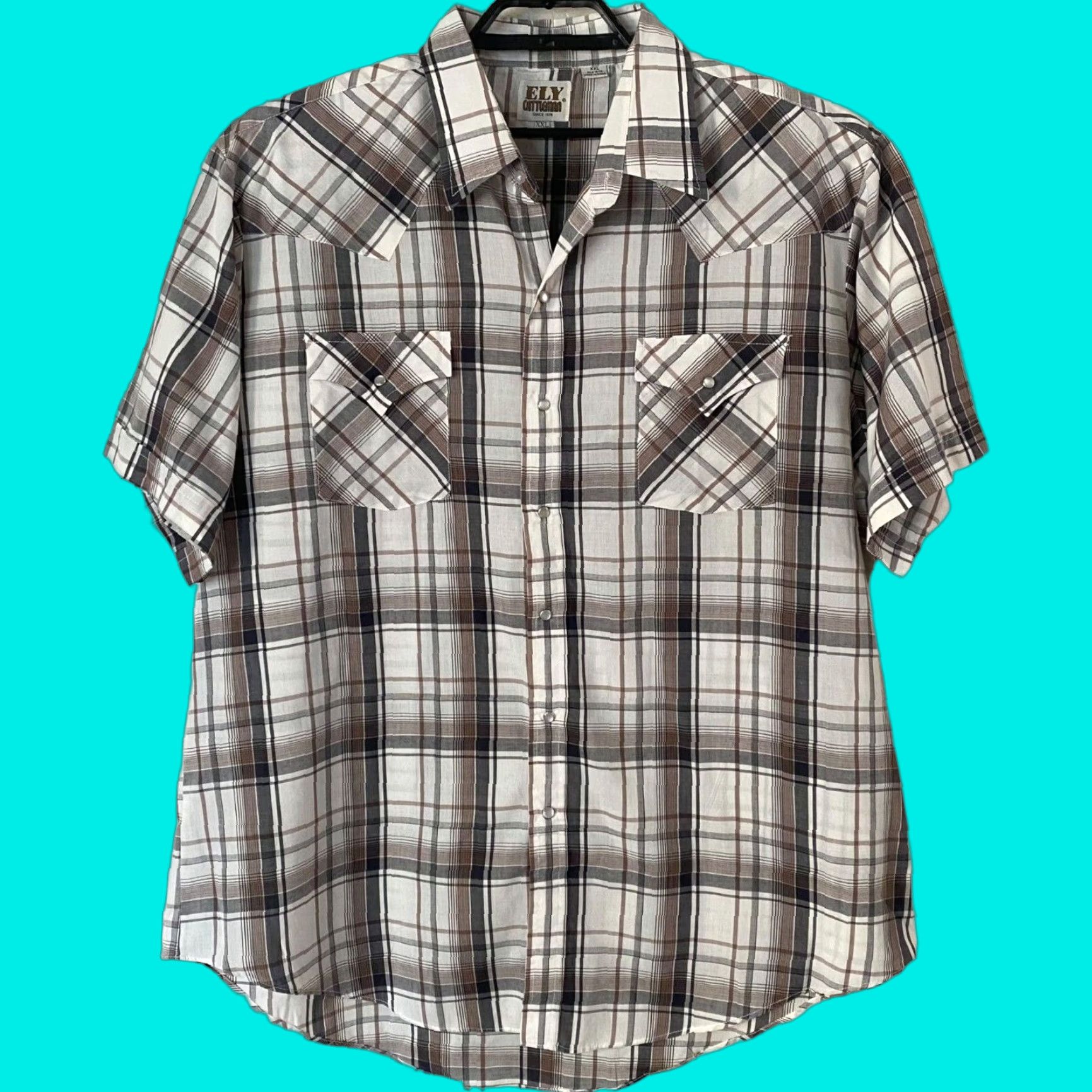 Vintage VINTAGE Ely Cattleman Western Pearl Snap Shirt Brown White Plaid Shirt Mens 2XL Short Sleeve Button-Up Pockets Western Casual Workwear Mens Size US XXL / EU 58 / 5 - 1 Thumbnail