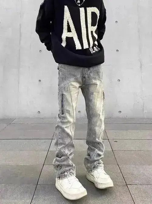 Japanese Brand Retro distressed yellow mud-dyed straight-leg zipper jeans Size US 32 / EU 48 - 2 Thumbnail