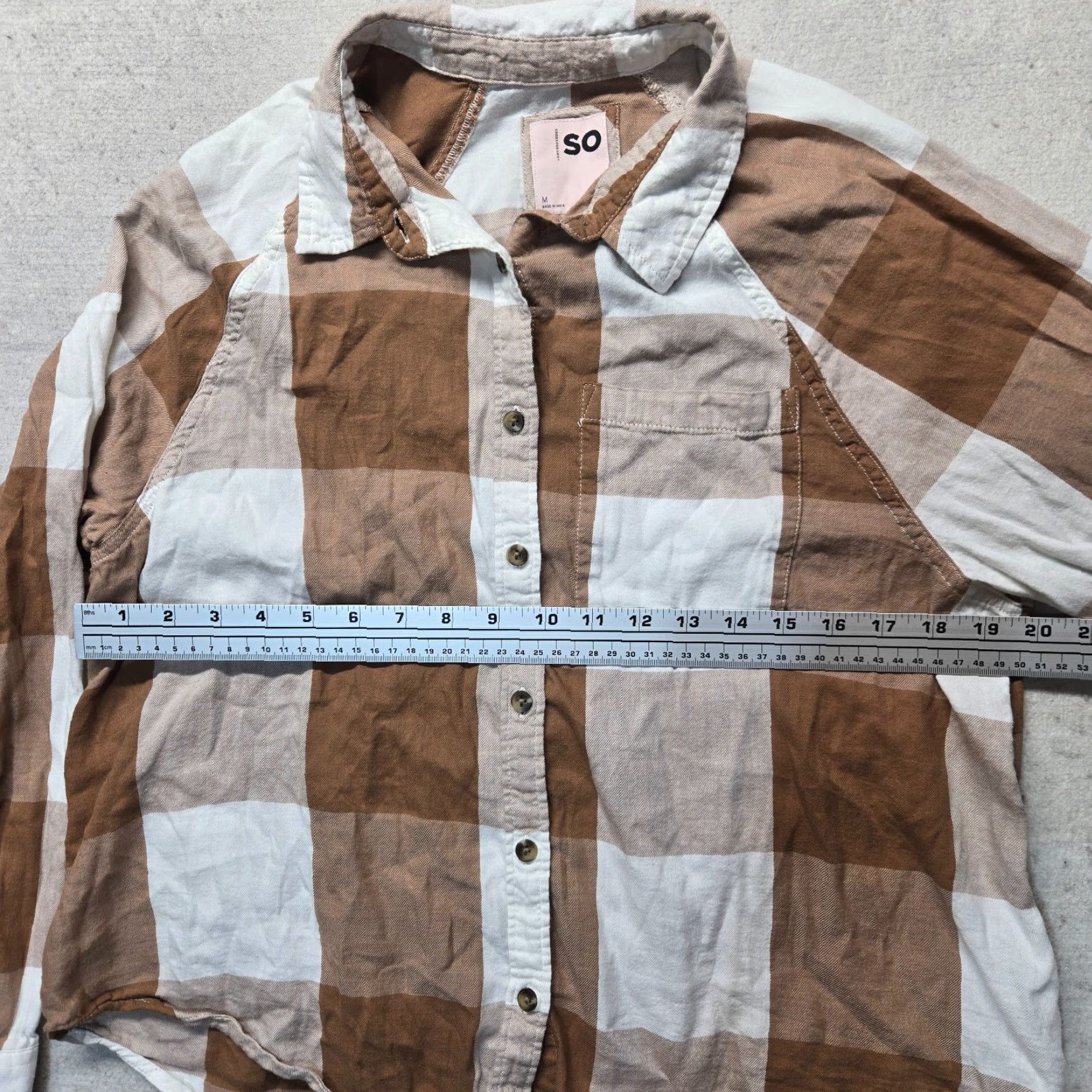 Vintage SO Shirt Plaid Button-Up Cropped Womens M Brown Wide-Check Cotton Modal Textured Shirt - 3/4 Sleeve? Size M / US 6-8 / IT 42-44 - 4 Thumbnail