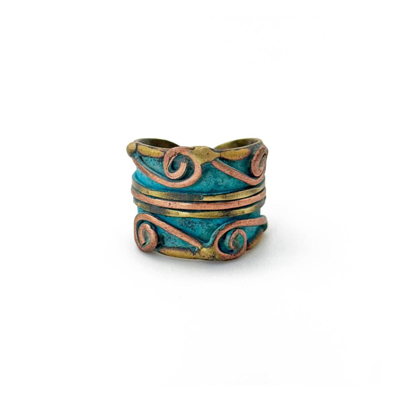 Other Handcrafted Turquoise & Copper Scrollwork Brass Patina Ring Size ONE SIZE - 1 Thumbnail