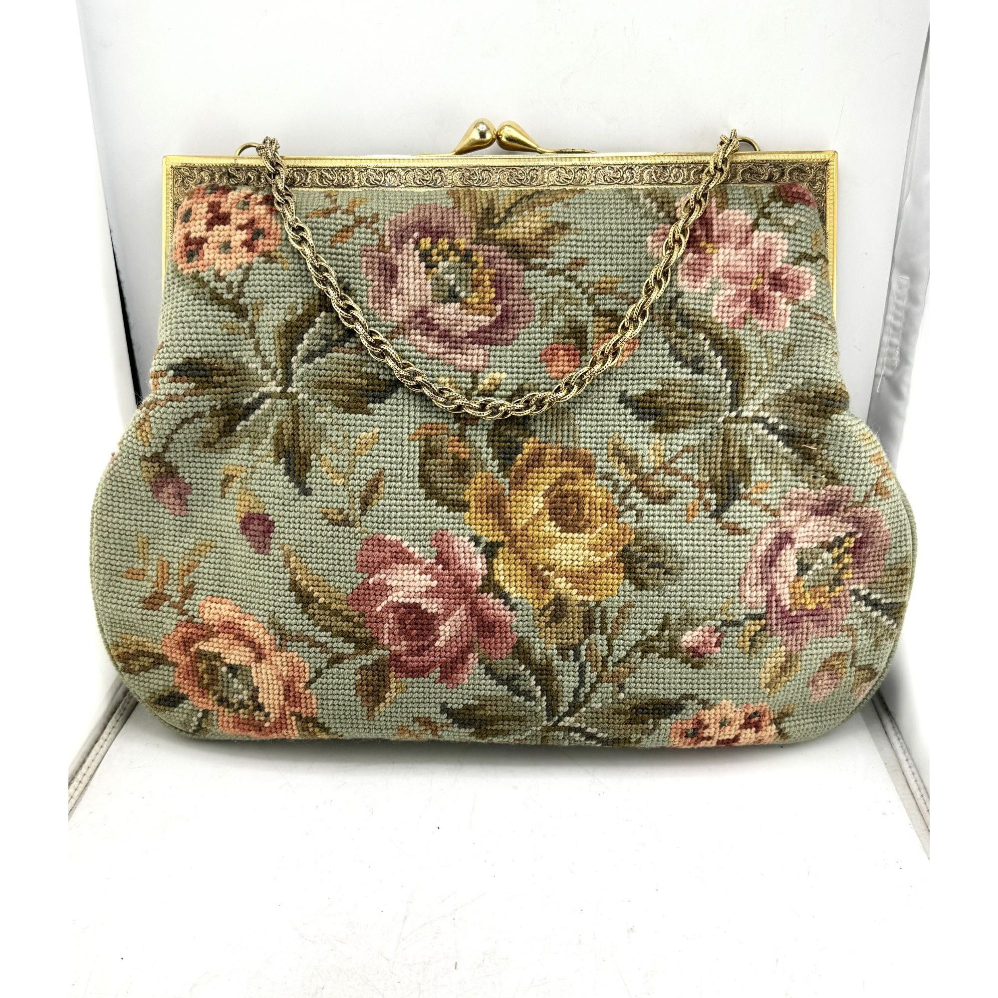 Vintage large needlepoint embroidered floral purse bag handb