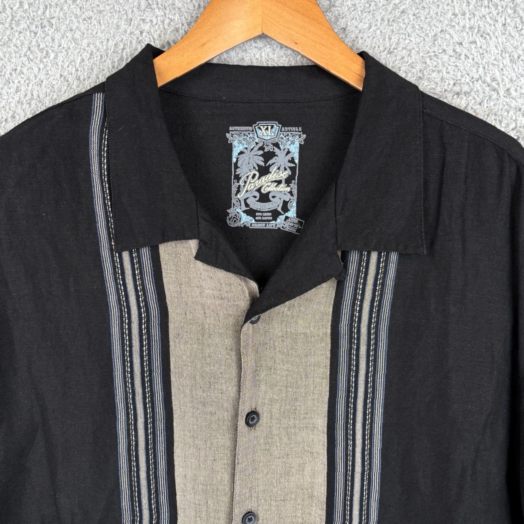 Vintage Paradise Collection Camp Shirt Mens XL Black Beige Rayon Linen Button-Up Short Sleeve Collared Beach Life Hawaiian Casual Size US XL / EU 56 / 4 - 2 Thumbnail