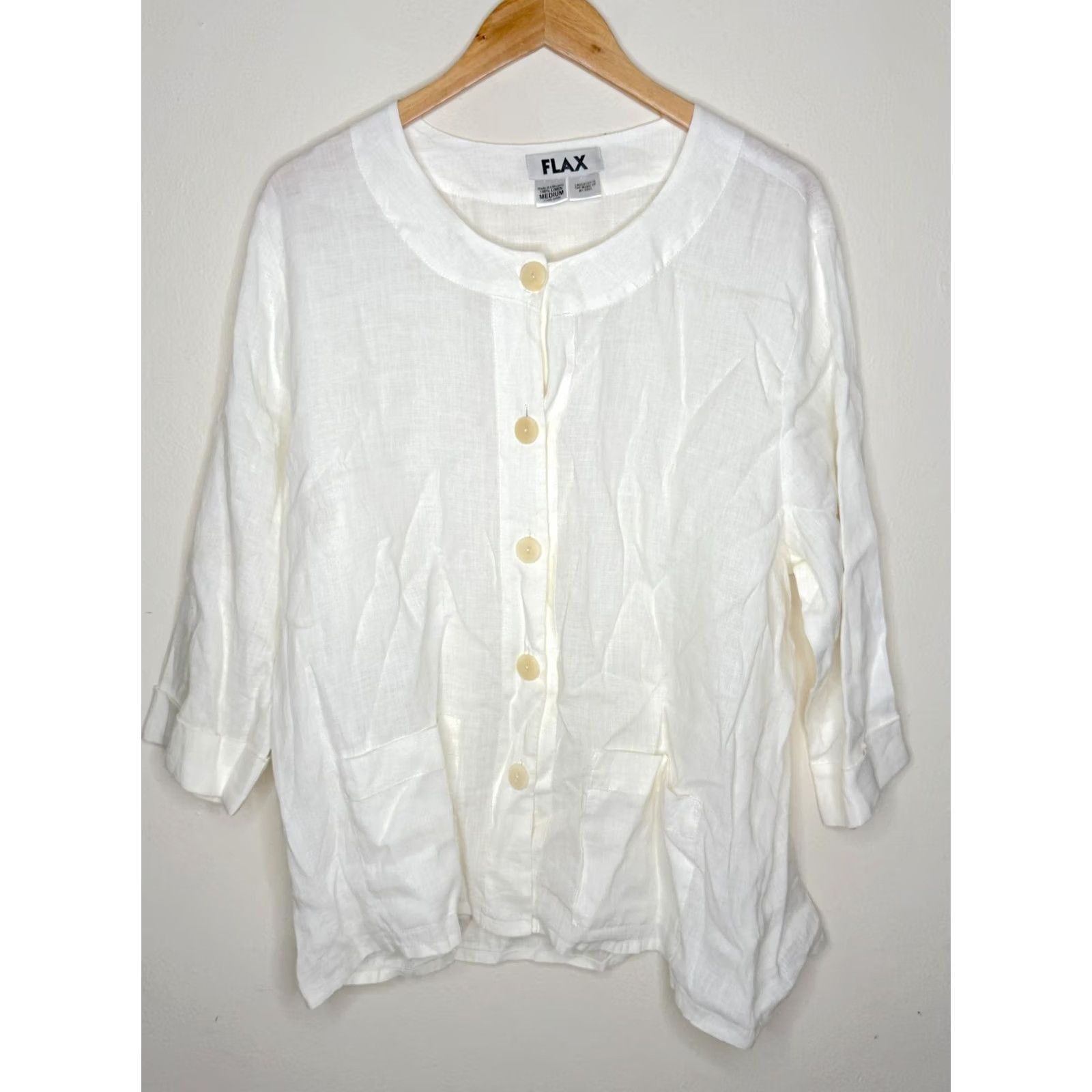FLAX FLAX Linen Blouse White Oversized Pockets 100% Linen Womens Medium Shirt Bohemian Casual Summer Spring Fall Size M / US 6-8 / IT 42-44 - 2 Thumbnail