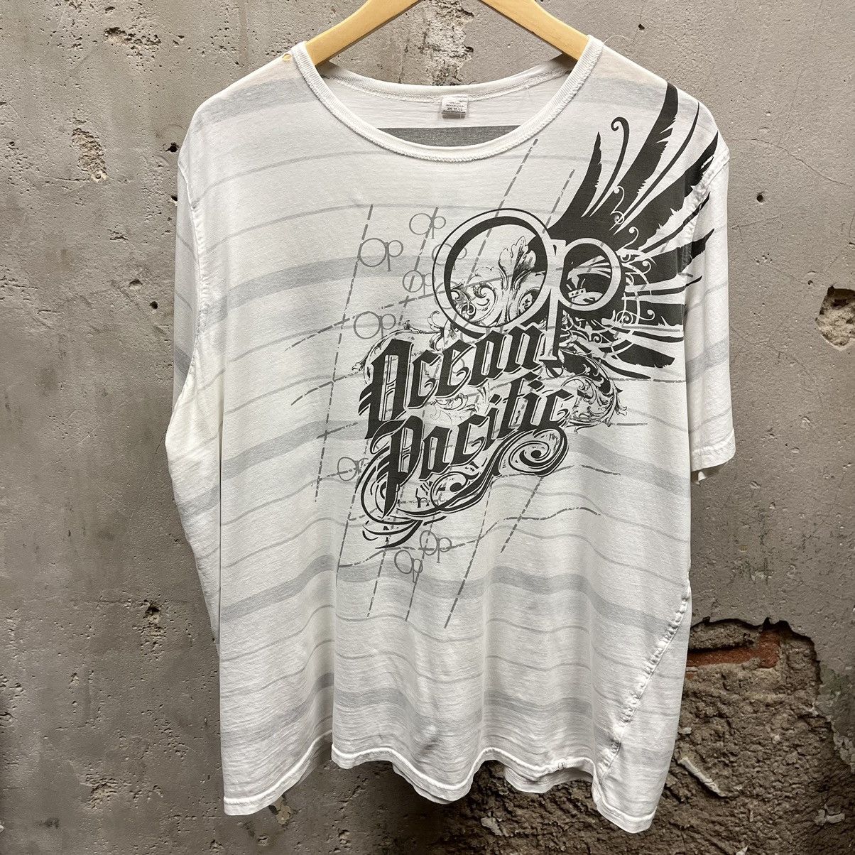 Ocean Pacific × Vintage OP Ocean Pacific White Striped Grunge Graphic T-Shirt Y2K Size US XXL / EU 58 / 5 - 1 Thumbnail
