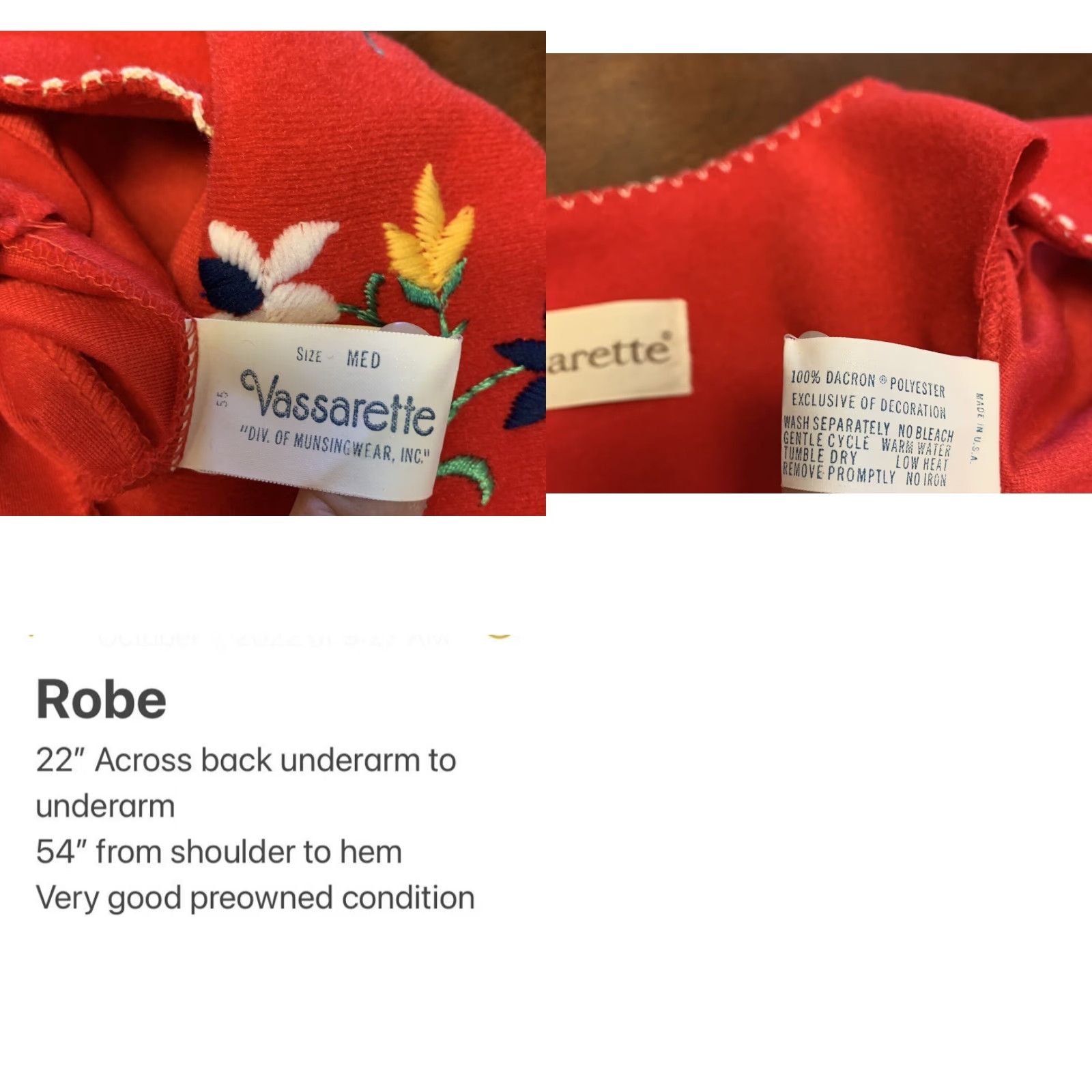 Vintage VINTAGE Vassarette Red Embroidered Zipper Front Robe House Coat M Made in USA Shirt Adult M Red Art Deco Womens Size ONE SIZE - 8 Thumbnail