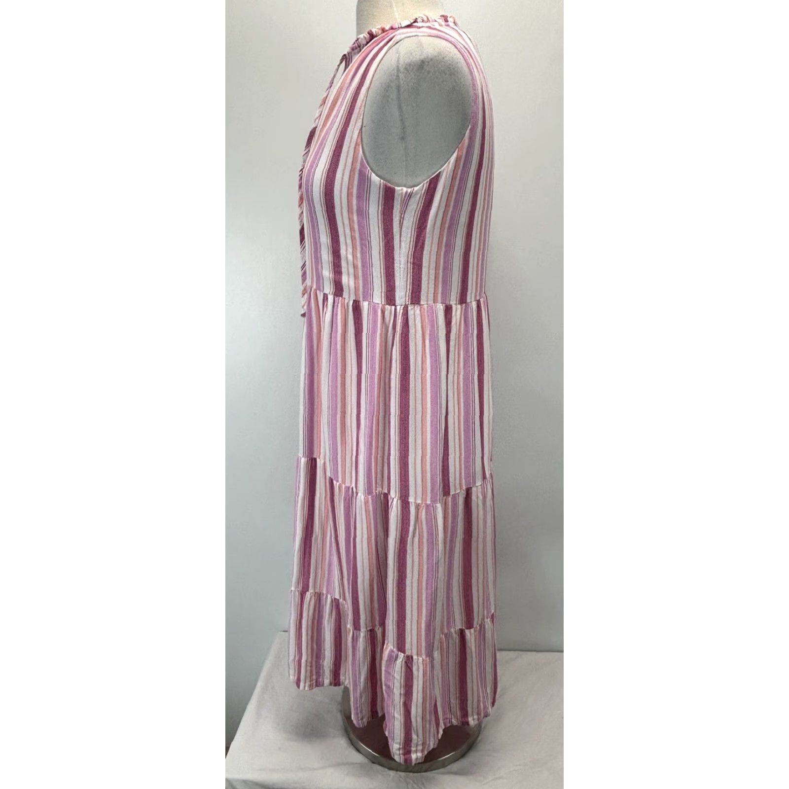 Loft VINTAGE LOFT Tiered Midi Dress Women’s Small Pink Striped Sleeveless Casual Summer Size S / US 4 / IT 40 - 2 Thumbnail