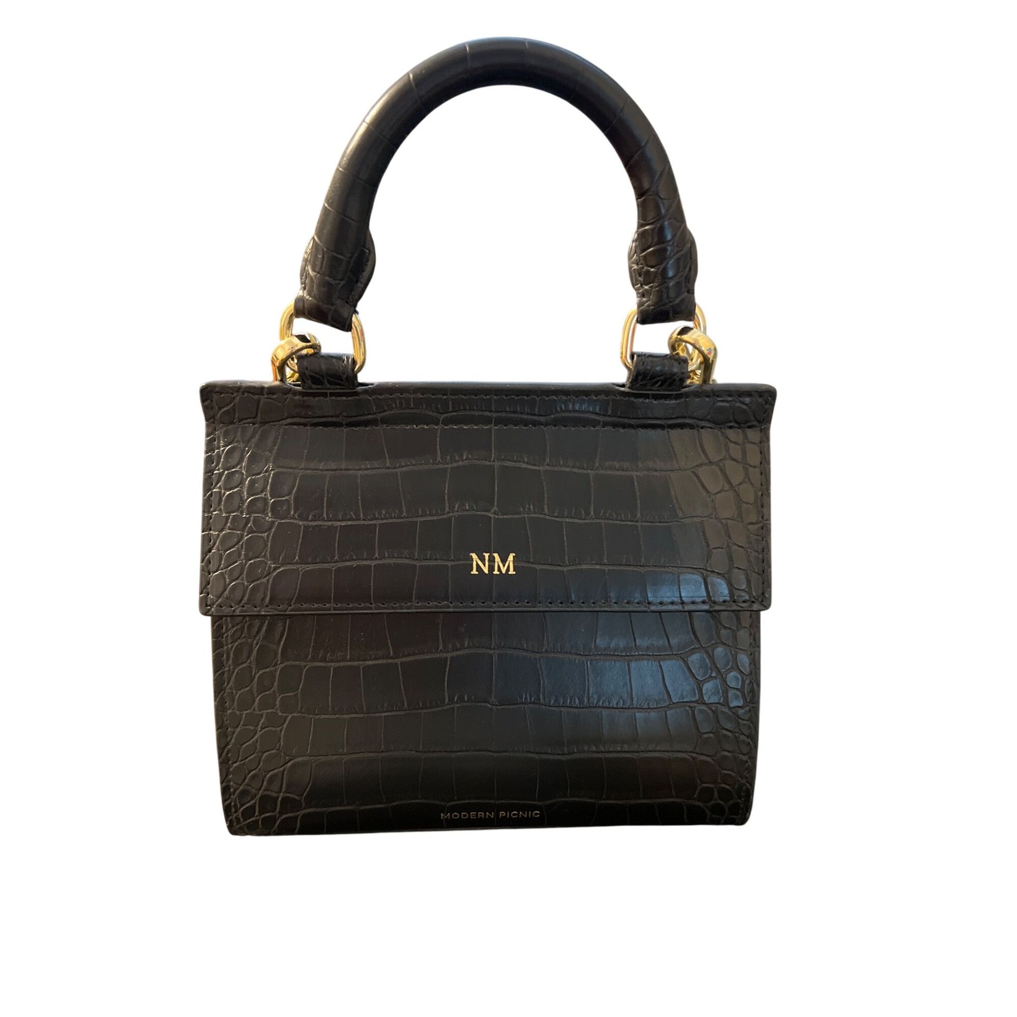 Modern Picnic Black Vegan Leather Lunch Bag Box Croc Embosse