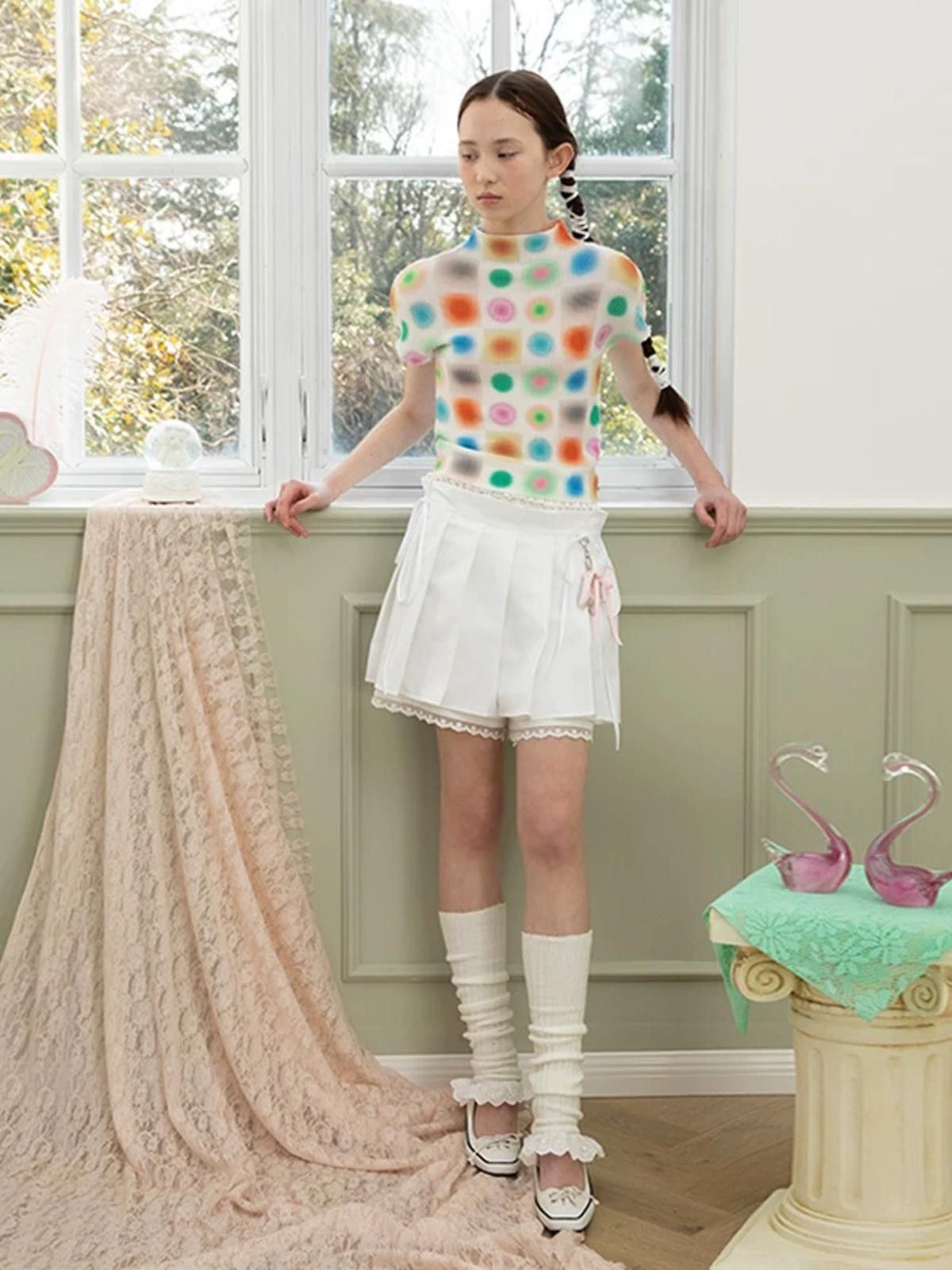 Japanese Brand Multicolor Blurred Dot Plissé Top | Pleated Mock Neck Size ONE SIZE - 3 Thumbnail