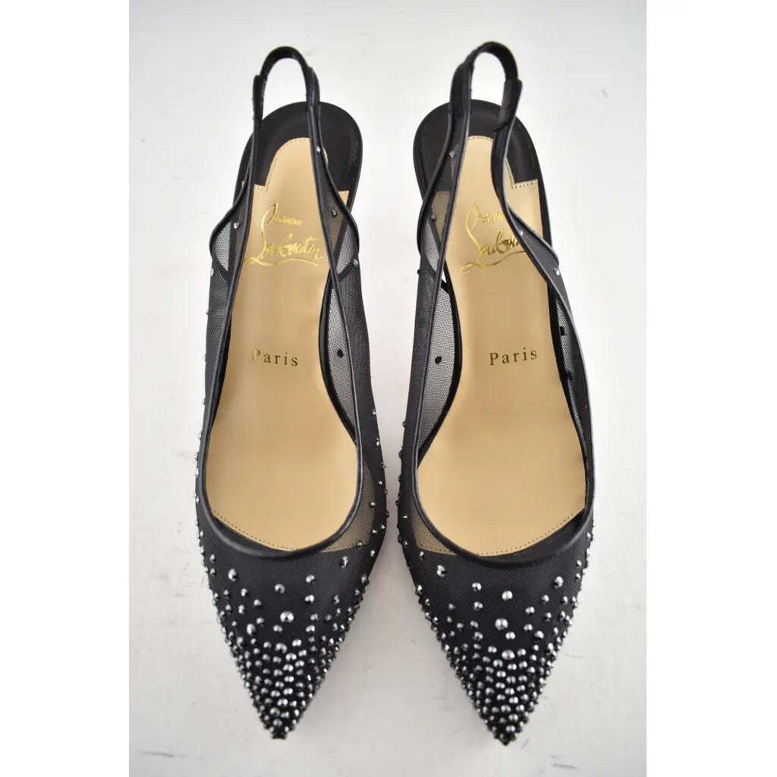 Christian Louboutin Follies Strass Sling 70 Black Leather Mesh Heel Pump 38 Size US 12 / IT 42 - 7 Thumbnail