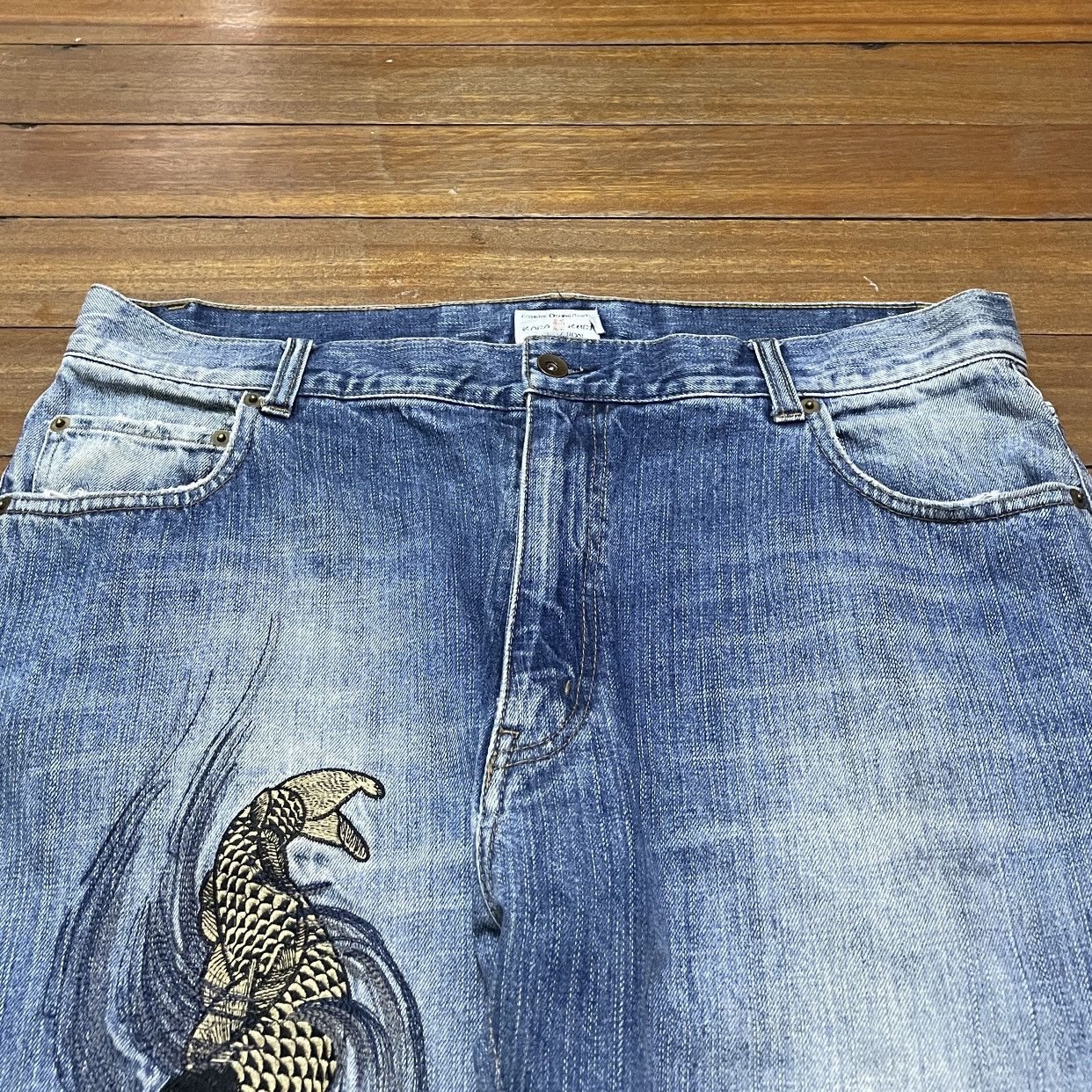 Japanese Brand × Vintage Very Rare Vintage Karakuri Koi Fish Sukajan Jeans 1990s Size US 38 / EU 54 - 3 Thumbnail