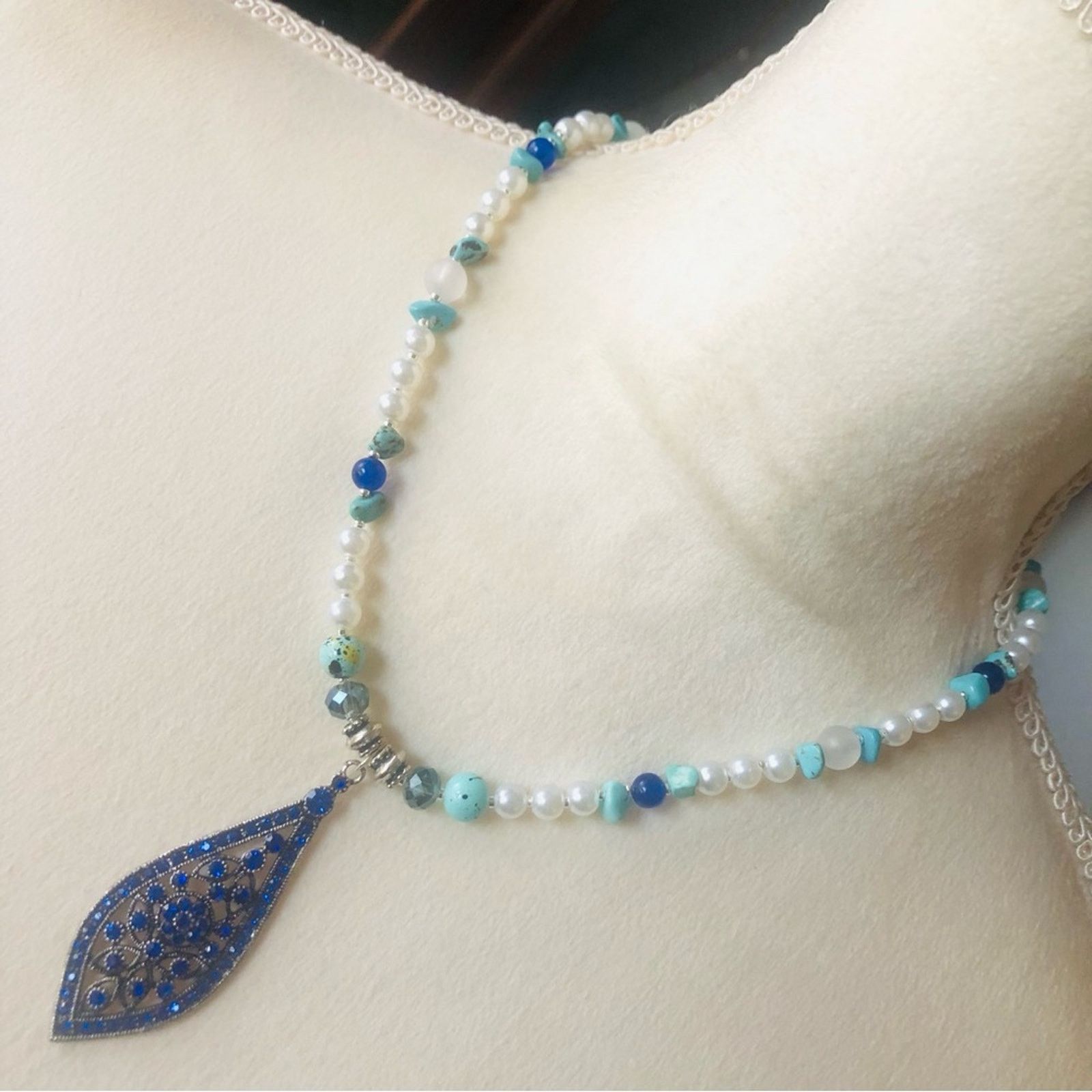 Handmade Handcrafted royal blue raindrop pendant Pearl stone necklace Size ONE SIZE - 1 Thumbnail