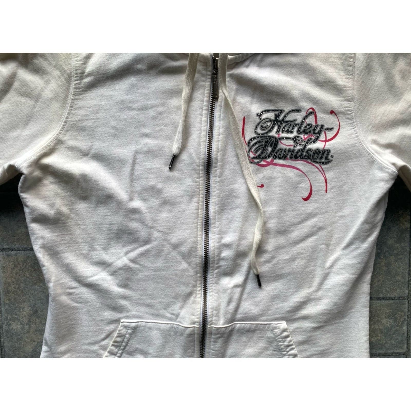 Harley Davidson Harley-Davidson Hoodie Full Zip Women M White Heart Yellowing Flaws Size M / US 6-8 / IT 42-44 - 4 Thumbnail