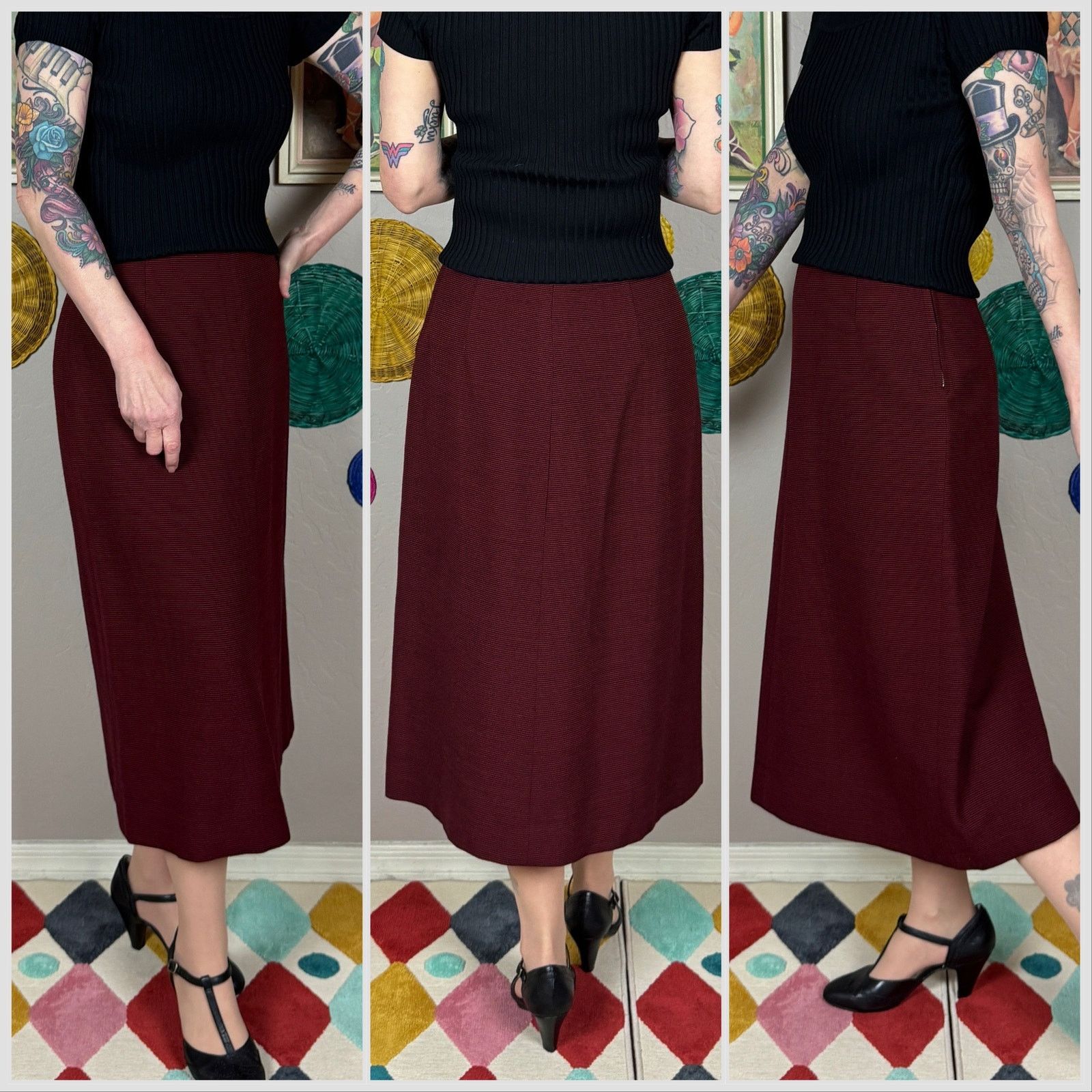 Vintage Vintage 1950s Red and Black Pinstripe A-Line Midi Skirt Size 26" / US 2 / IT 38 - 2 Thumbnail