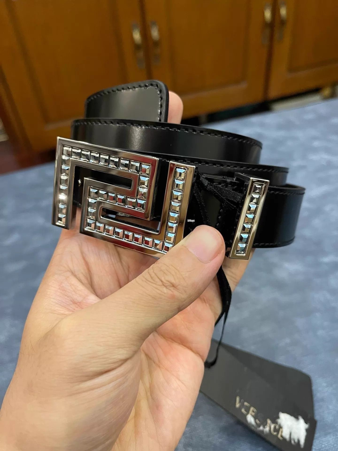 Versace Black Belt with Geometric Pattern Buckle Size ONE SIZE - 2 Thumbnail