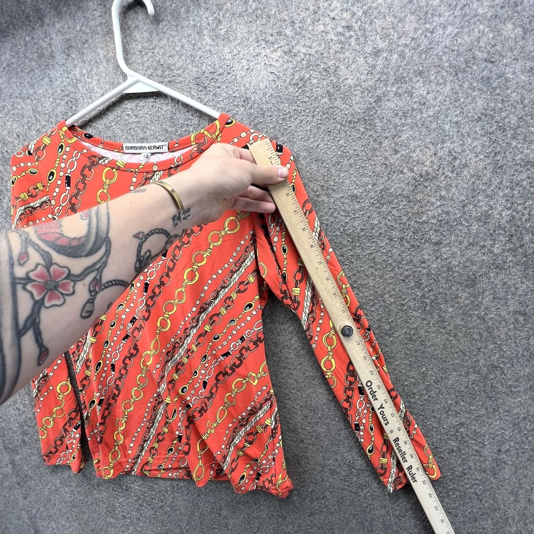 Vintage Barbara Gerwit Blouse Womens XS Orange Chain Print Long Sleeve Stretch Top Size XS / US 0-2 / IT 36-38 - 5 Thumbnail