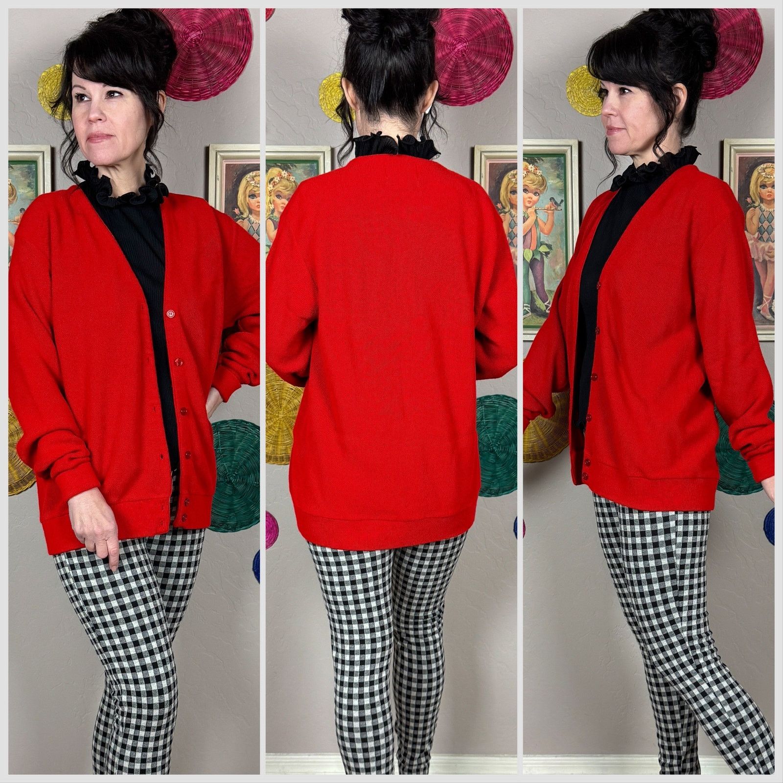 Vintage Vintage 1970s Cherry Red V-Neck Acrylic Cardigan Sweater Size M / US 6-8 / IT 42-44 - 2 Thumbnail