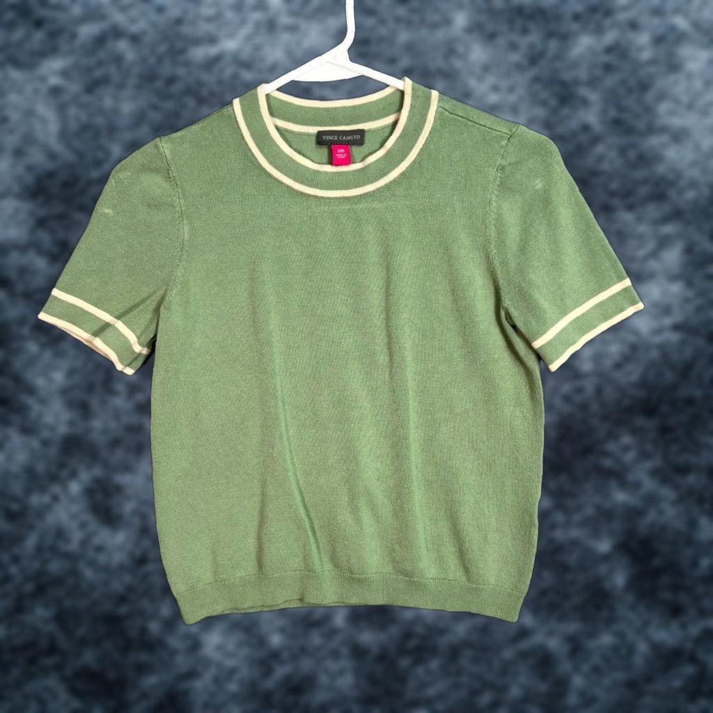 Vince Camuto VINTAGE Vince Camuto Green Striped Short Sleeve Sweater Adult Women XS Rayon Nylon Knit Pullover Size XXS / US 00 / IT 34 - 1 Thumbnail