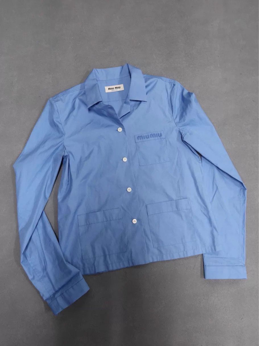 Miu Miu MIU MIU Women's Sapphire Blue Logo Embroidered LS Shirt 38 Size XS / US 0-2 / IT 36-38 - 1 Thumbnail