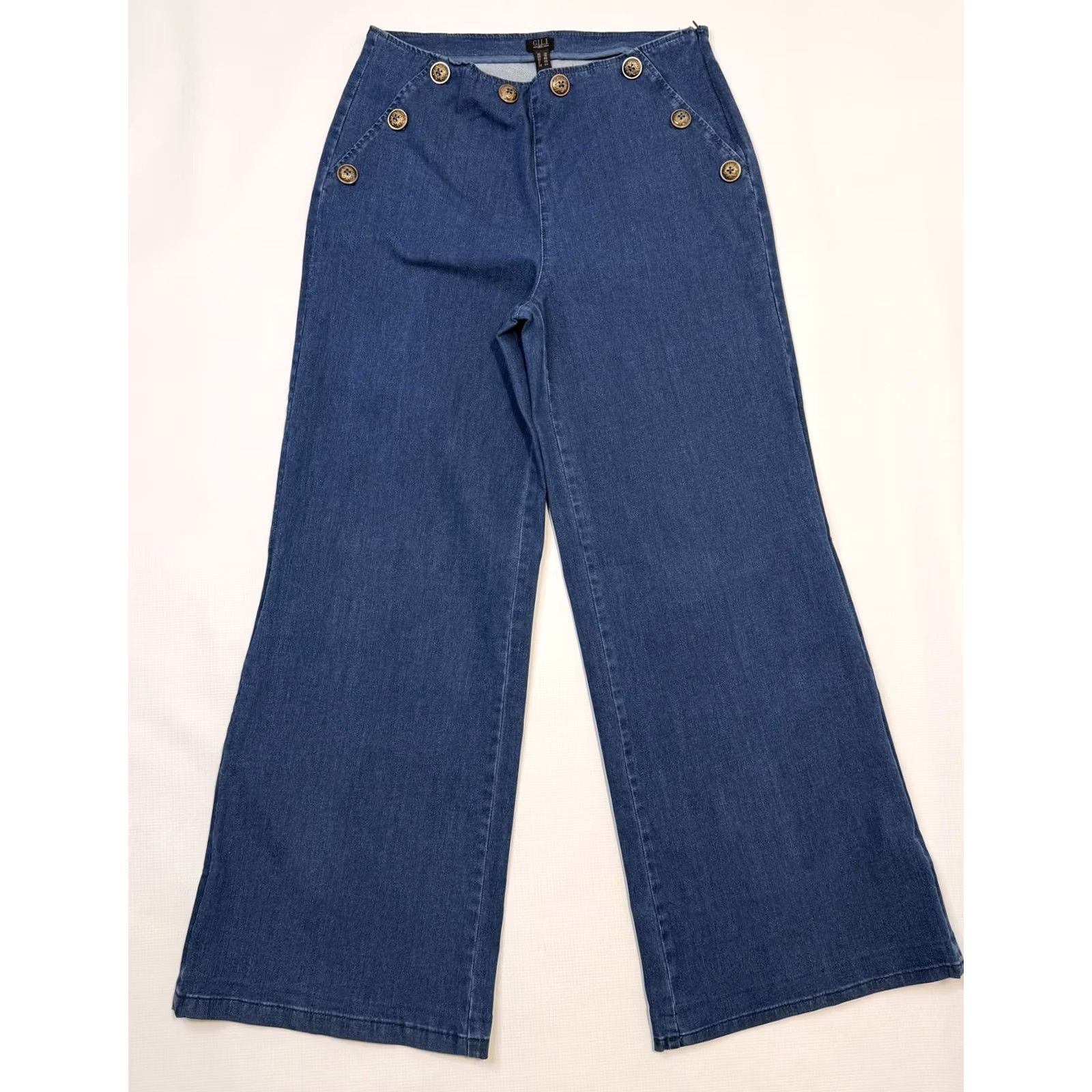 Vintage G.I.L.I. Jeans Womens 10 Blue High Rise Wide Leg Sailor Button Stretch Denim Jeans Size 32" / US 10 / IT 46 - 2 Thumbnail