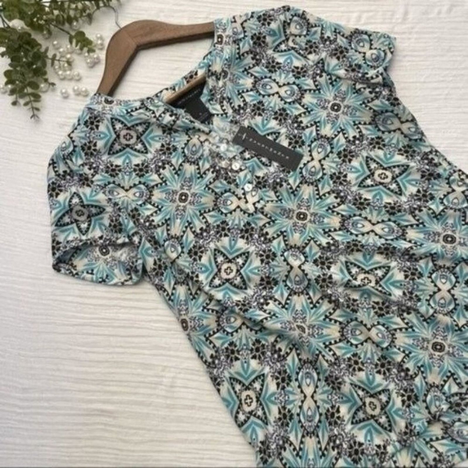 Other Investments Teal White Split Neck Blouse Hi-Low Hem Small Size S / US 4 / IT 40 - 3 Thumbnail