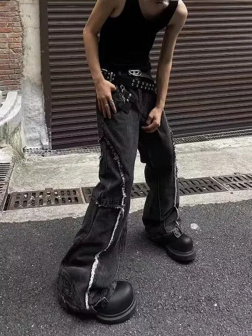 Japanese Brand × Jean Vintage raw edge patchwork distressed bootcut jeans Size US 32 / EU 48 - 2 Thumbnail