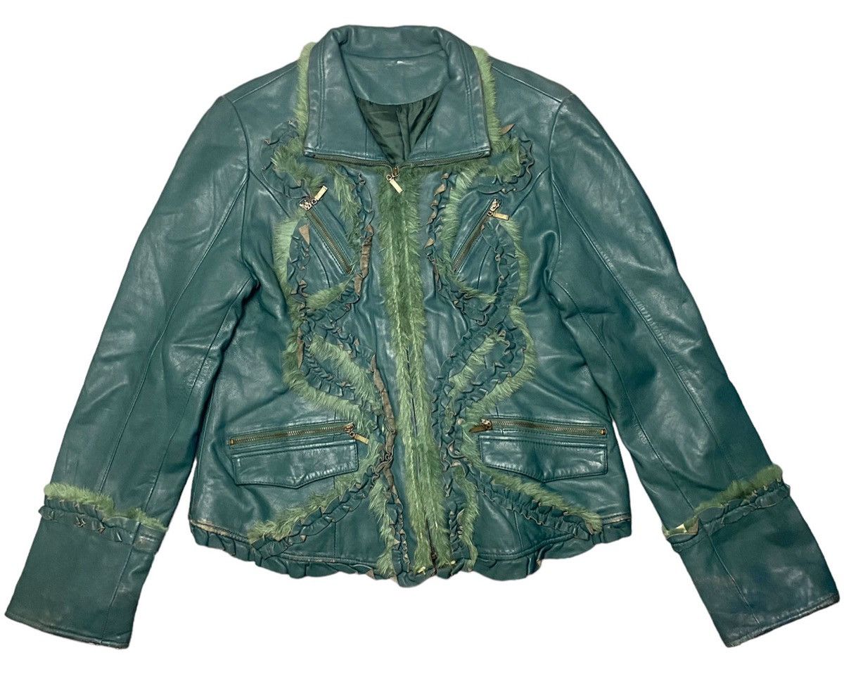 image of 14Th Addiction x If Six Was Nine Bindingoffer Fur Multizip Unfinished Leather Mix Jacket in Green (