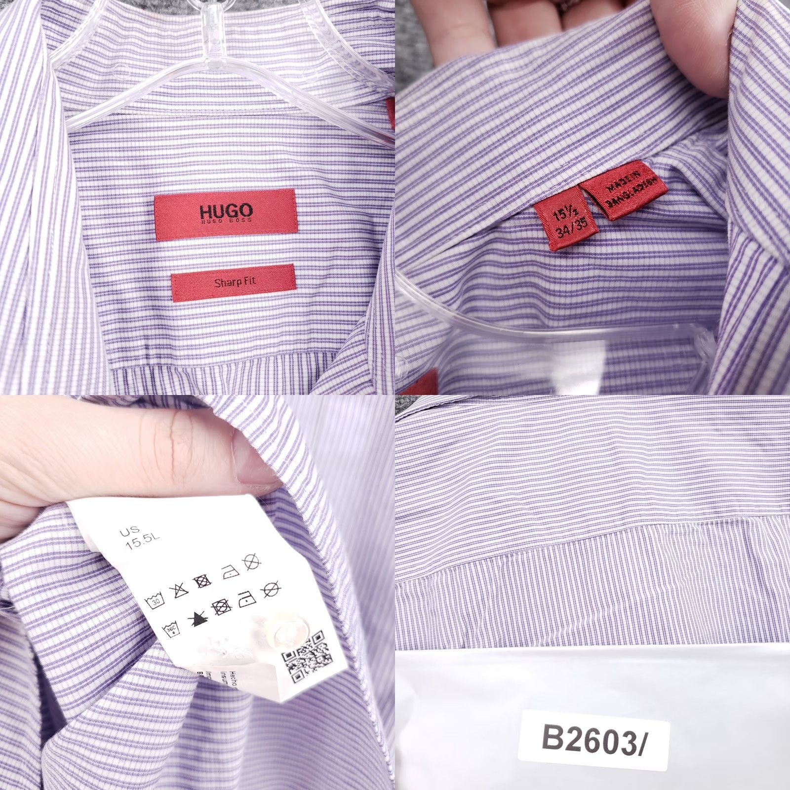 Hugo Boss HUGO BOSS Dress Shirt Mens 15.5 Purple Striped Long Sleeve Button Up Sharp Fit Size 42R - 8 Thumbnail