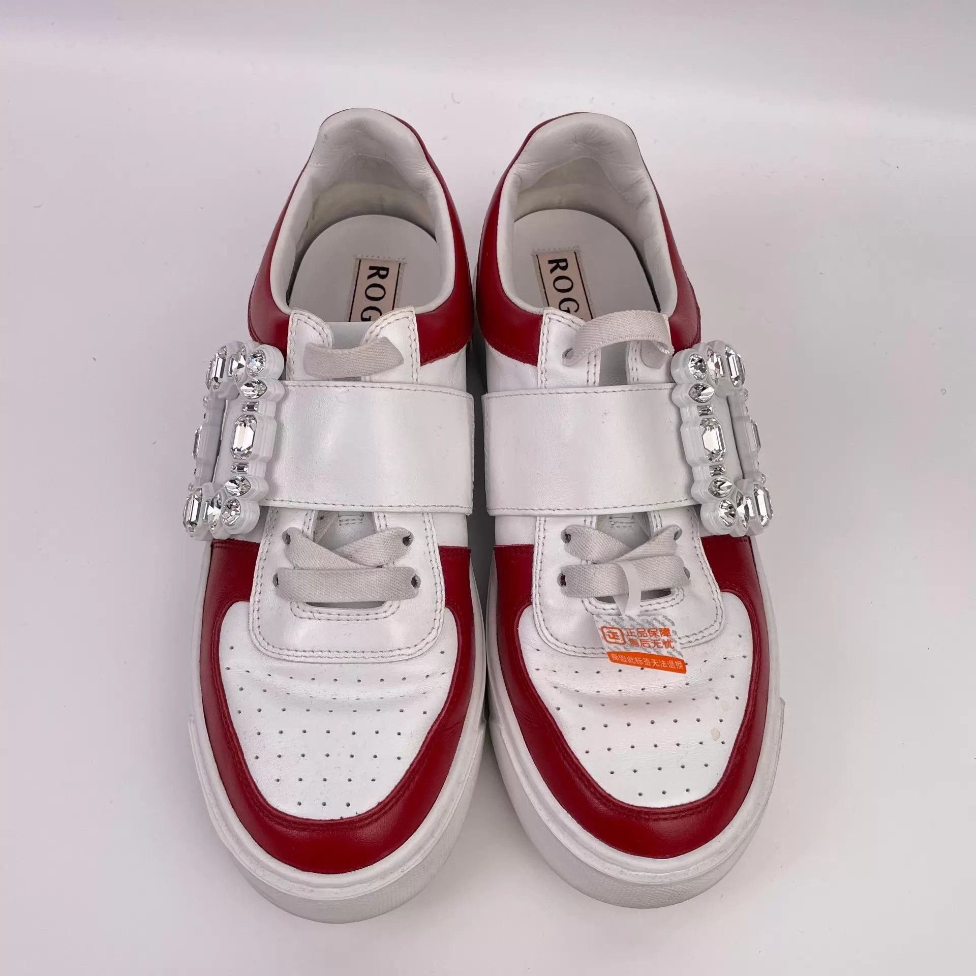 Roger Vivier RV Crystal Buckle Low-Top Sneakers White Red 39.5 Size US 9 / IT 39 - 1 Thumbnail