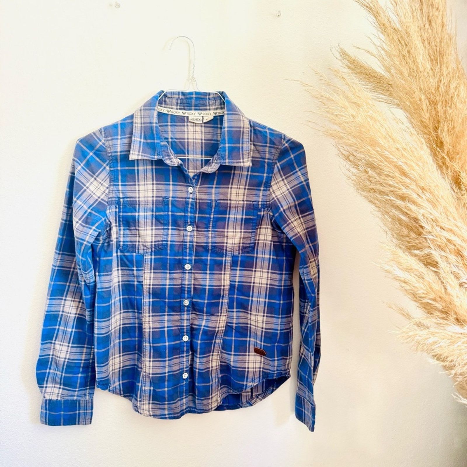 Quicksilver ROXY Blue White Grey Stripe Plaid Button Shirt Top Blouse S Size S / US 4 / IT 40 - 2 Thumbnail